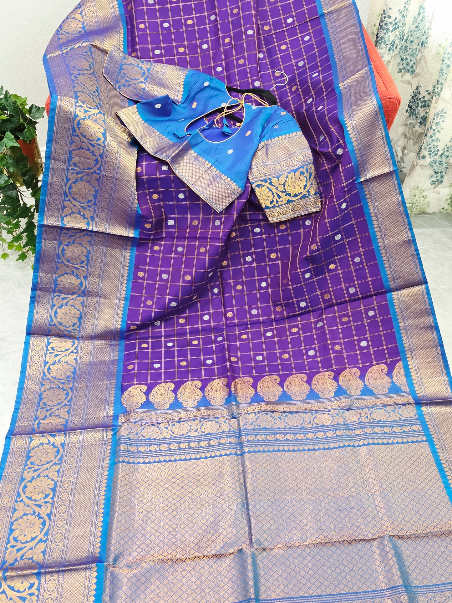 Royal Violet & Turquoise Blue Pure Gadwal Silk Saree with Vintage Checks Zari Weave & Designer Blouse