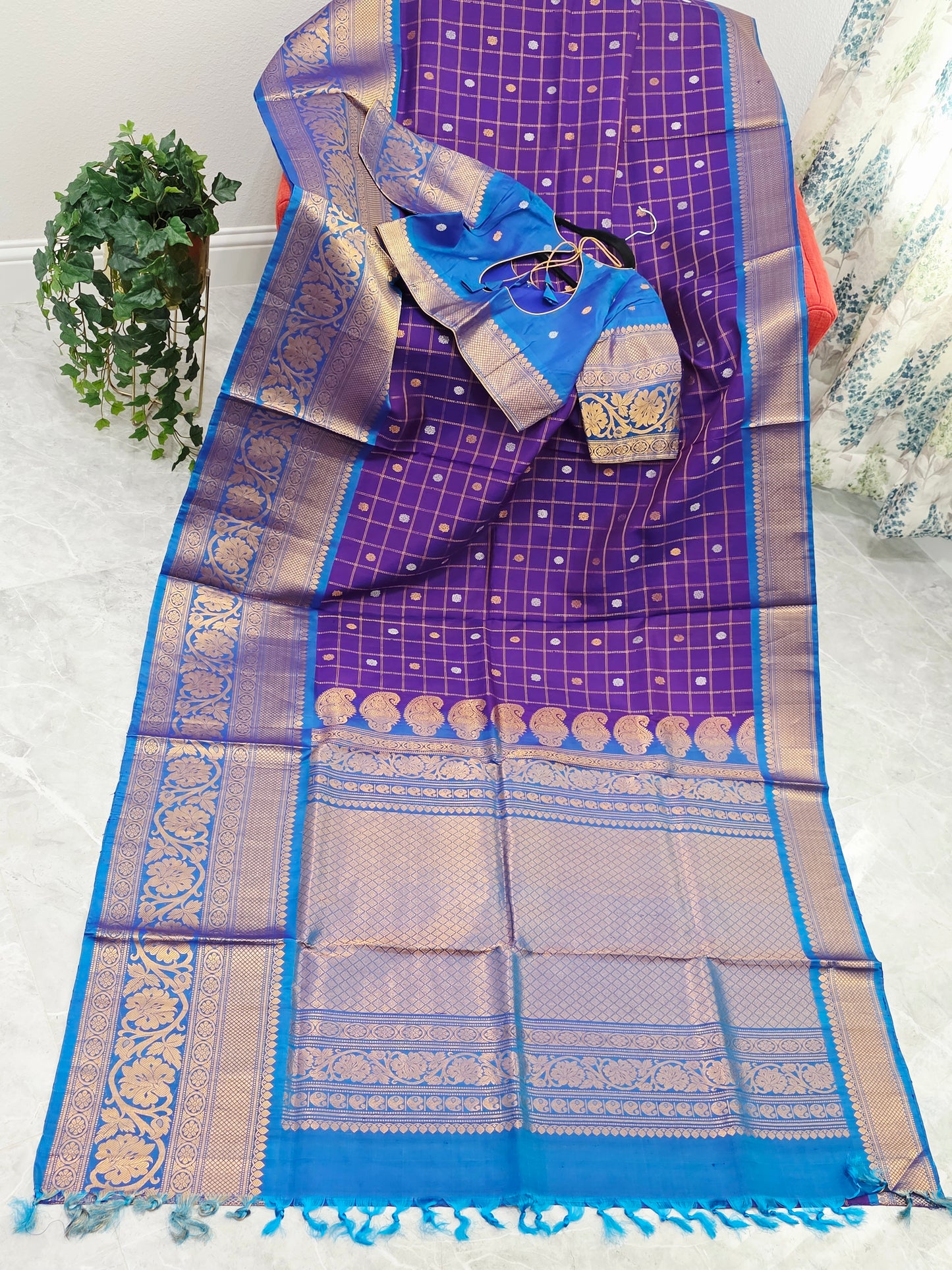 Royal Violet & Turquoise Blue Pure Gadwal Silk Saree with Vintage Checks Zari Weave & Designer Blouse