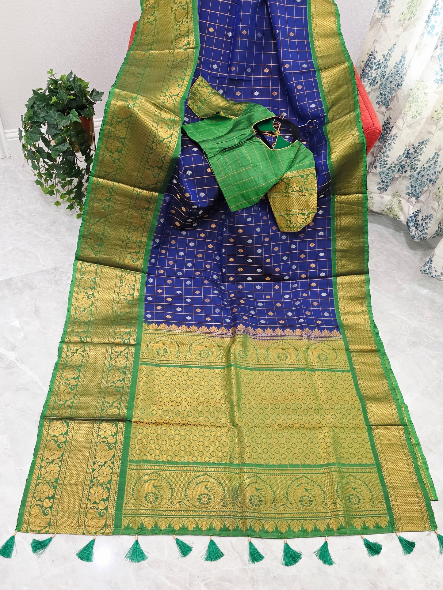 Royal Navy Blue & Temple Green Pure Gadwal Silk Saree with Vintage Zari Checks & Contrast Border Blouse Set