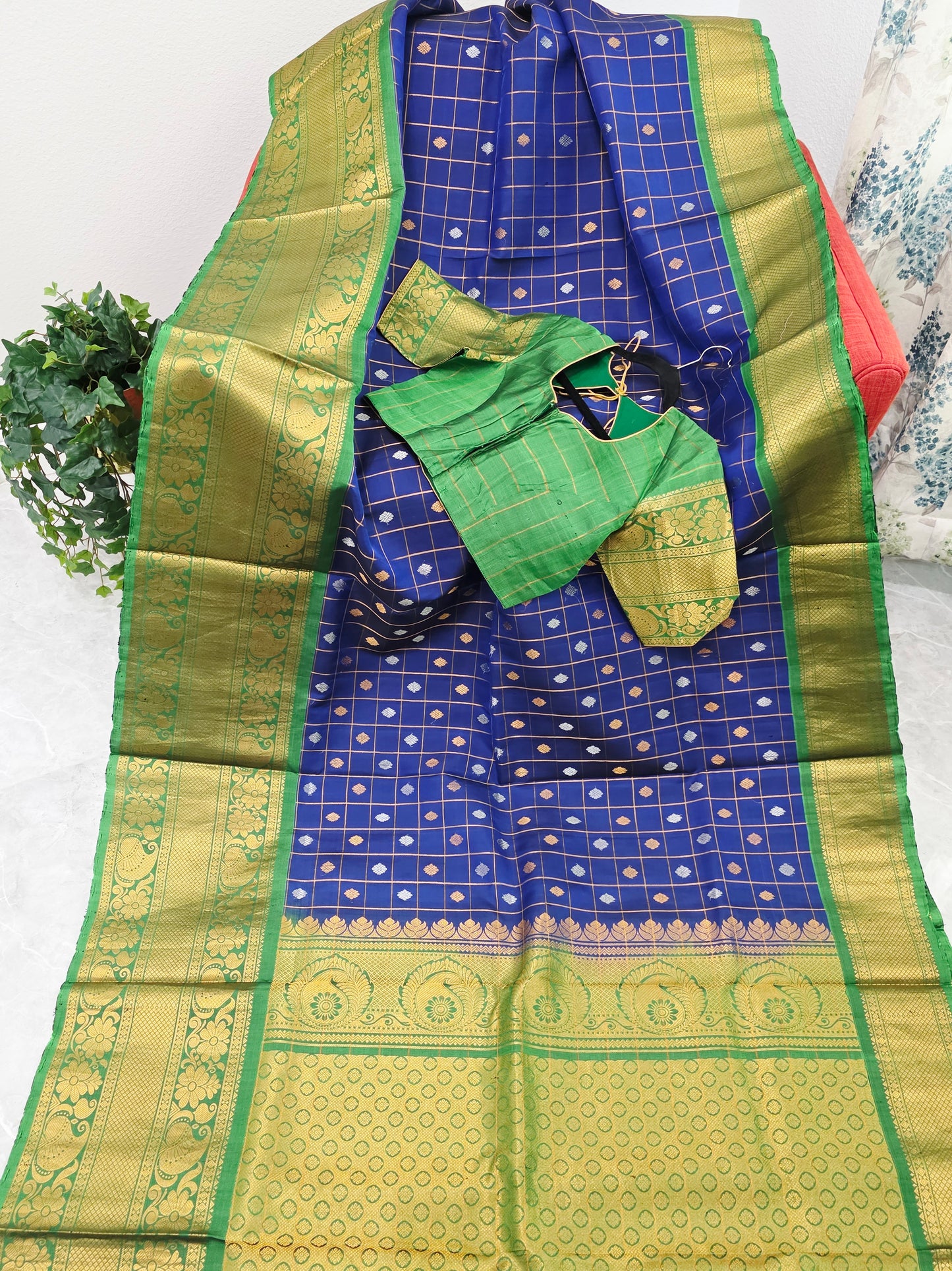 Royal Navy Blue & Temple Green Pure Gadwal Silk Saree with Vintage Zari Checks & Contrast Border Blouse Set