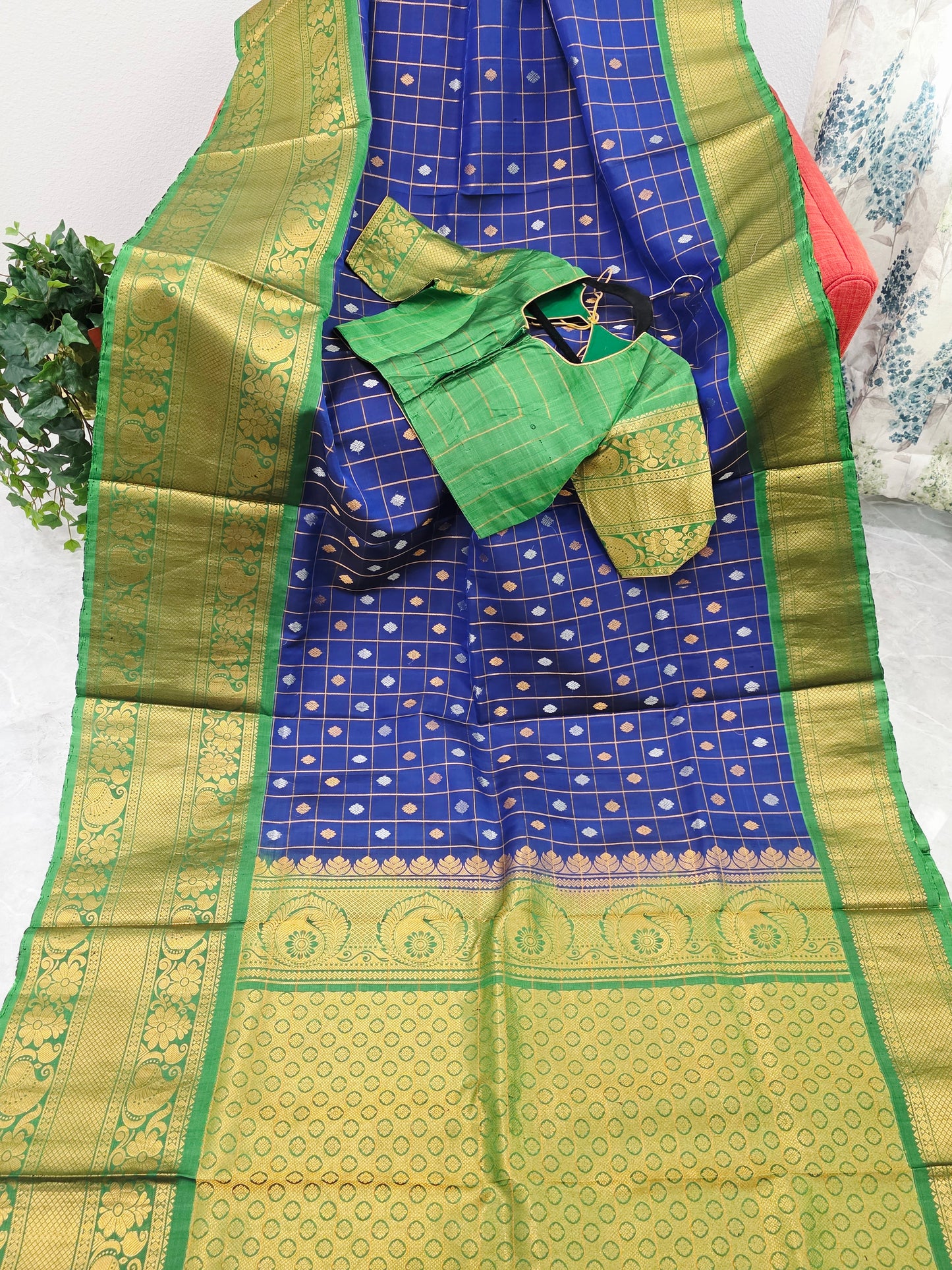 Royal Navy Blue & Temple Green Pure Gadwal Silk Saree with Vintage Zari Checks & Contrast Border Blouse Set