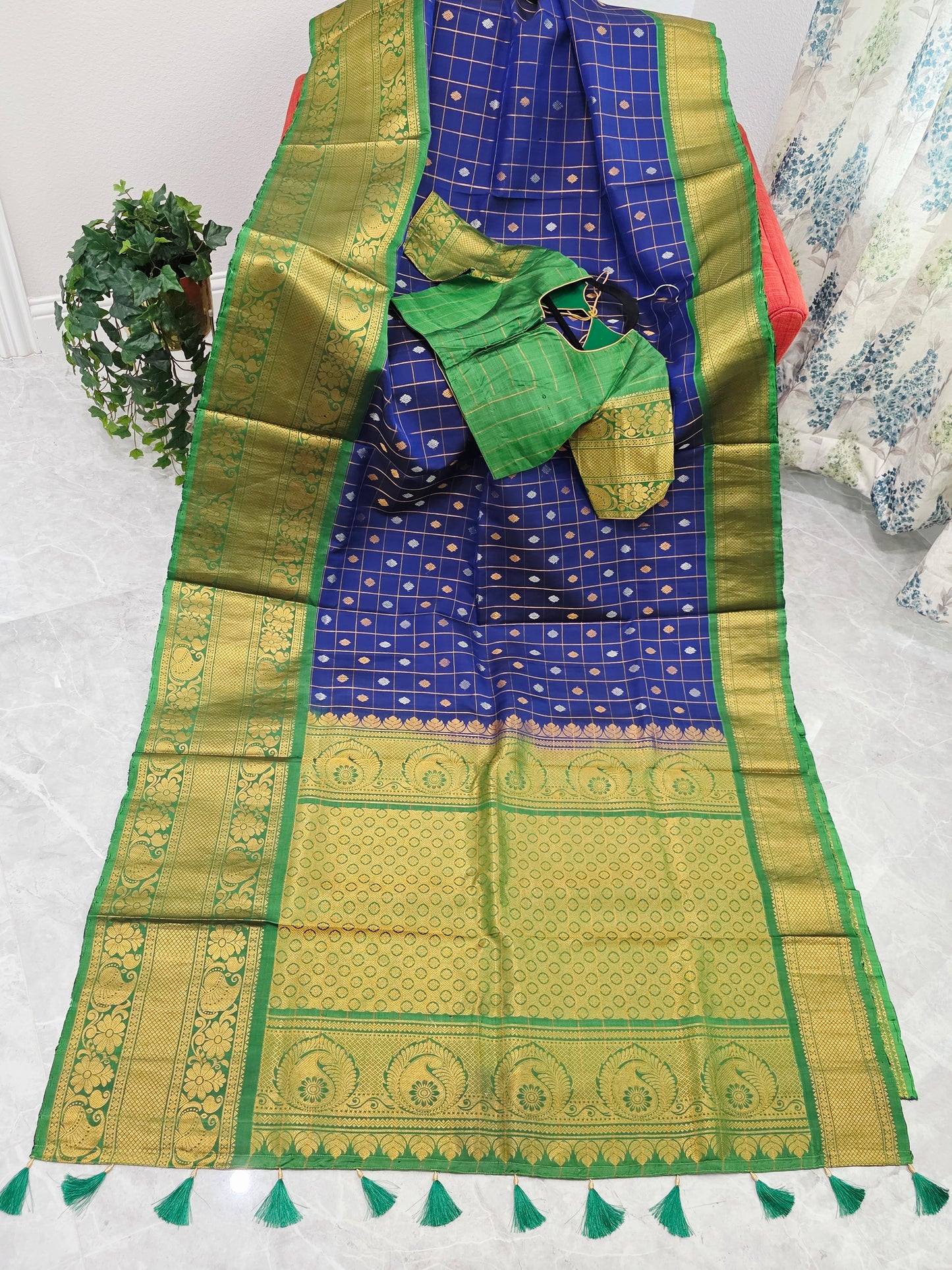 Royal Navy Blue & Temple Green Pure Gadwal Silk Saree with Vintage Zari Checks & Contrast Border Blouse Set