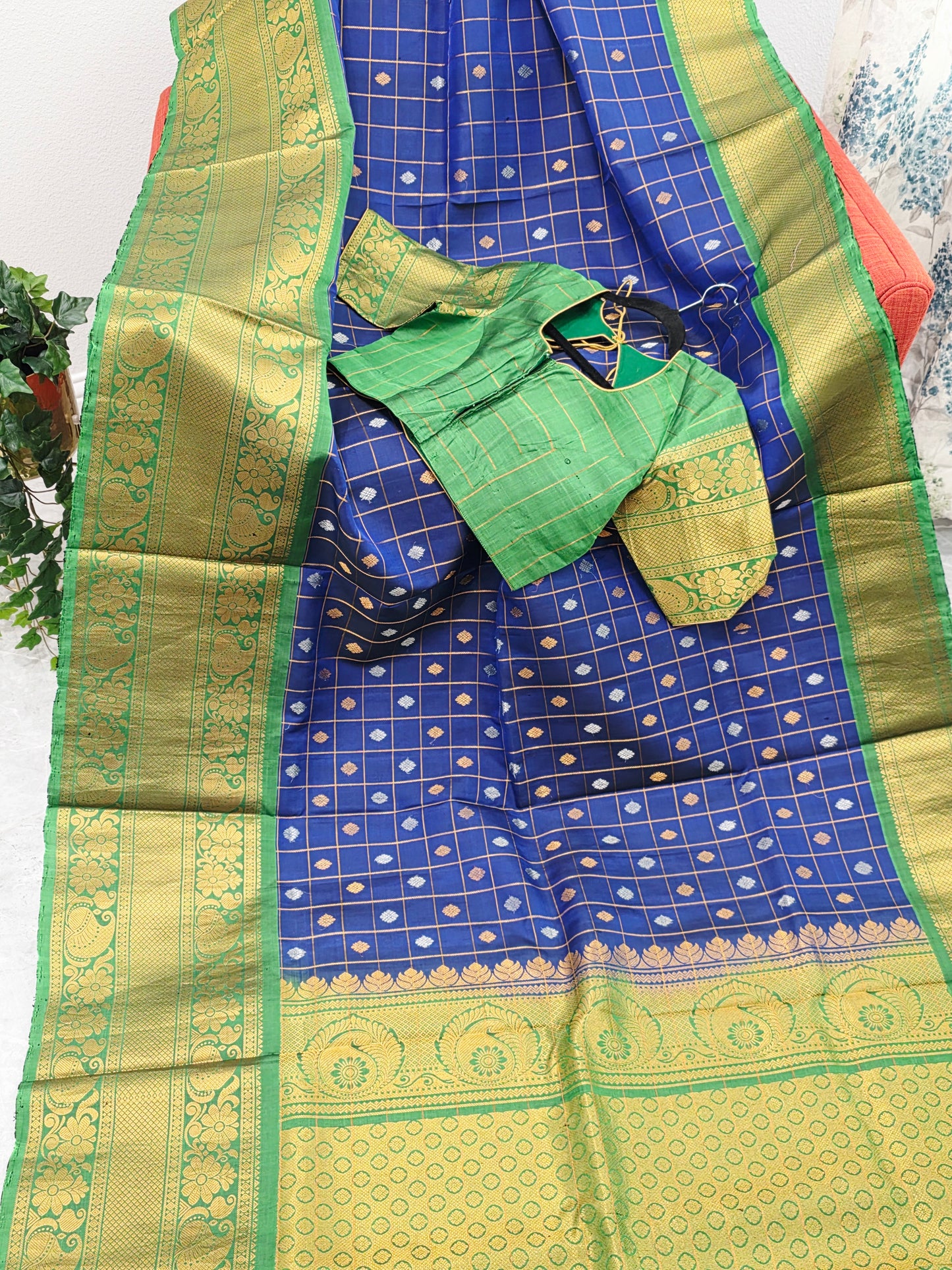 Royal Navy Blue & Temple Green Pure Gadwal Silk Saree with Vintage Zari Checks & Contrast Border Blouse Set