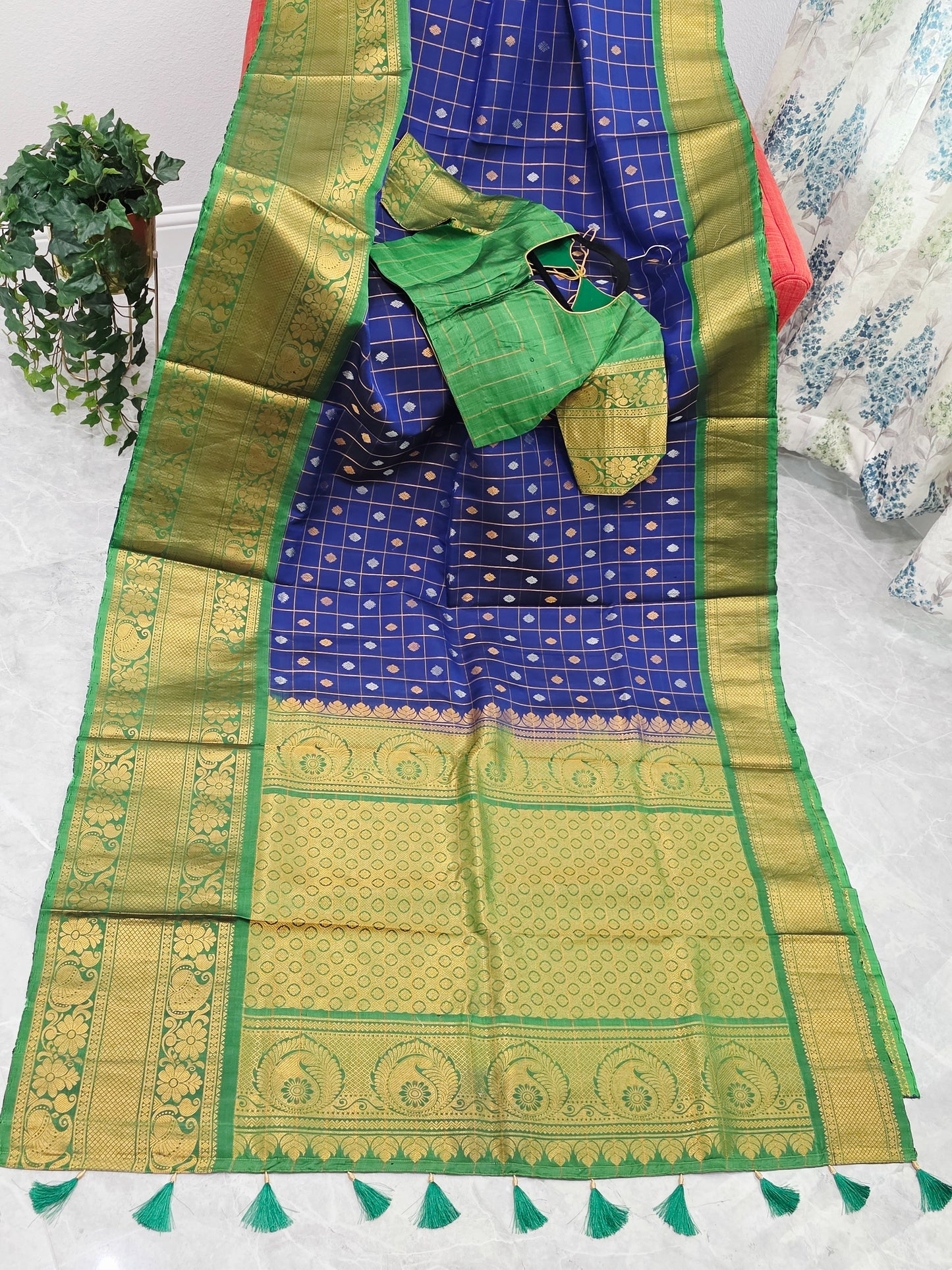 Royal Navy Blue & Temple Green Pure Gadwal Silk Saree with Vintage Zari Checks & Contrast Border Blouse Set