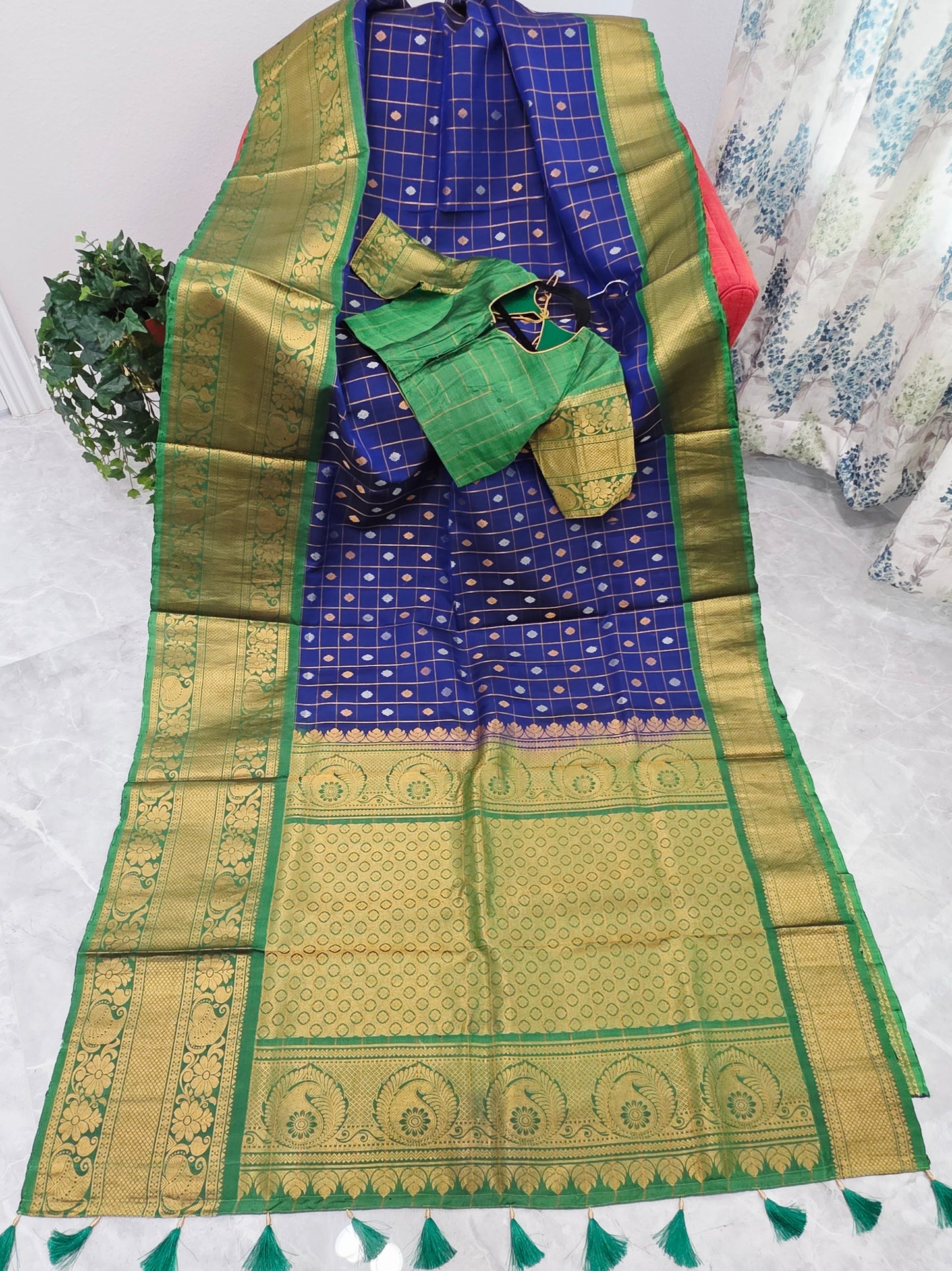 Royal Navy Blue & Temple Green Pure Gadwal Silk Saree with Vintage Zari Checks & Contrast Border Blouse Set