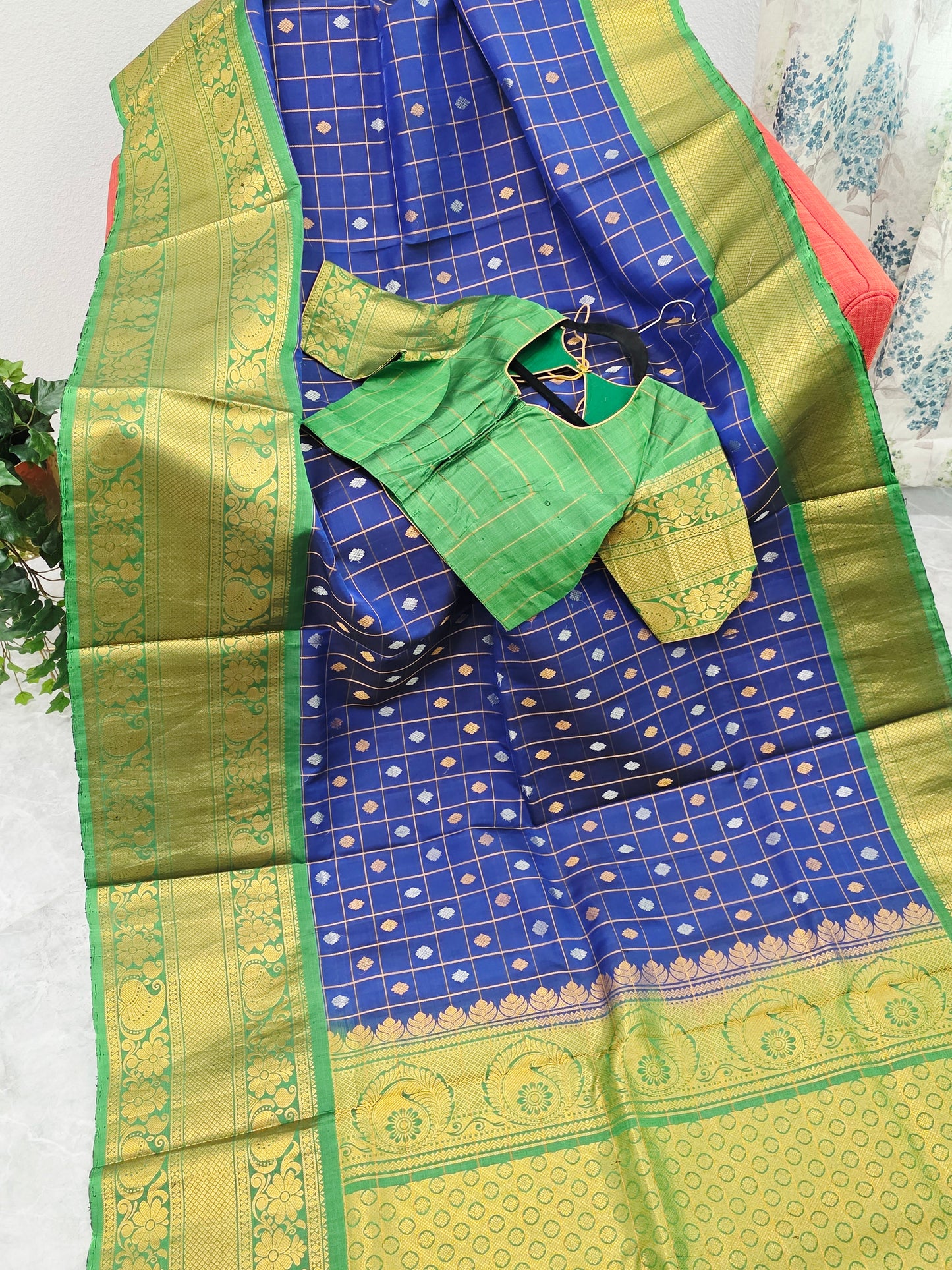 Royal Navy Blue & Temple Green Pure Gadwal Silk Saree with Vintage Zari Checks & Contrast Border Blouse Set