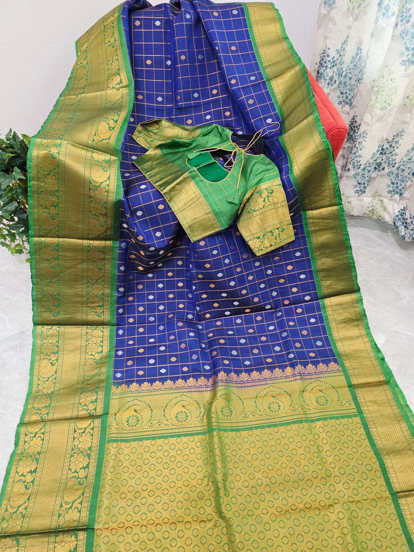 Royal Navy Blue & Temple Green Pure Gadwal Silk Saree with Vintage Zari Checks & Contrast Border Blouse Set