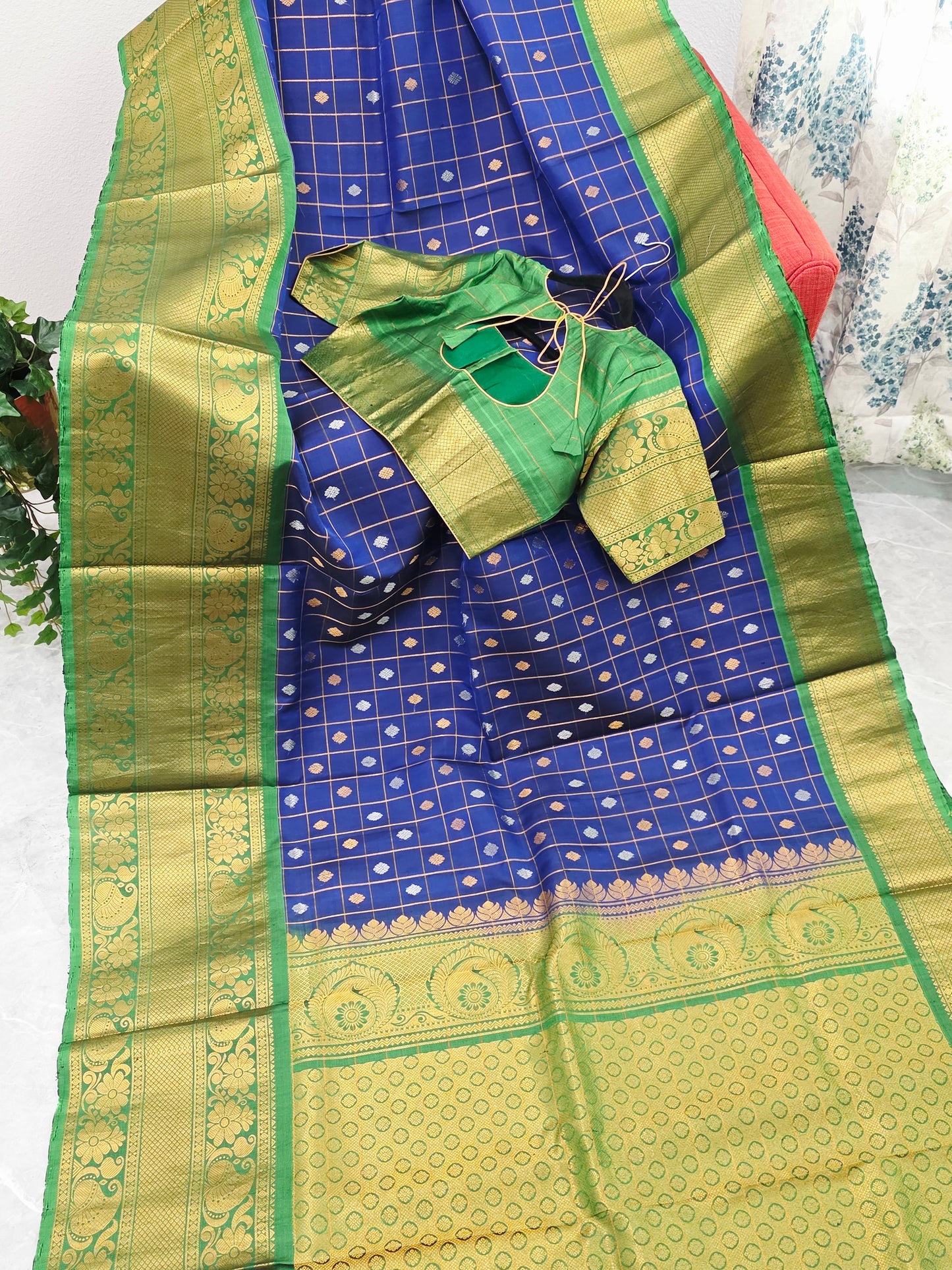 Royal Navy Blue & Temple Green Pure Gadwal Silk Saree with Vintage Zari Checks & Contrast Border Blouse Set