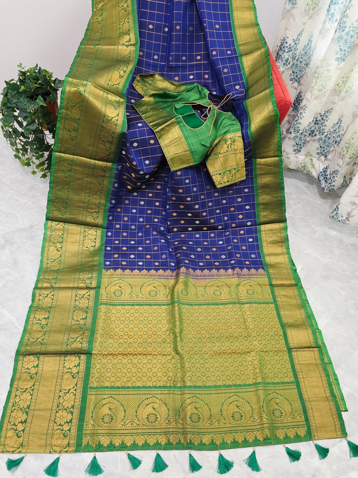 Royal Navy Blue & Temple Green Pure Gadwal Silk Saree with Vintage Zari Checks & Contrast Border Blouse Set