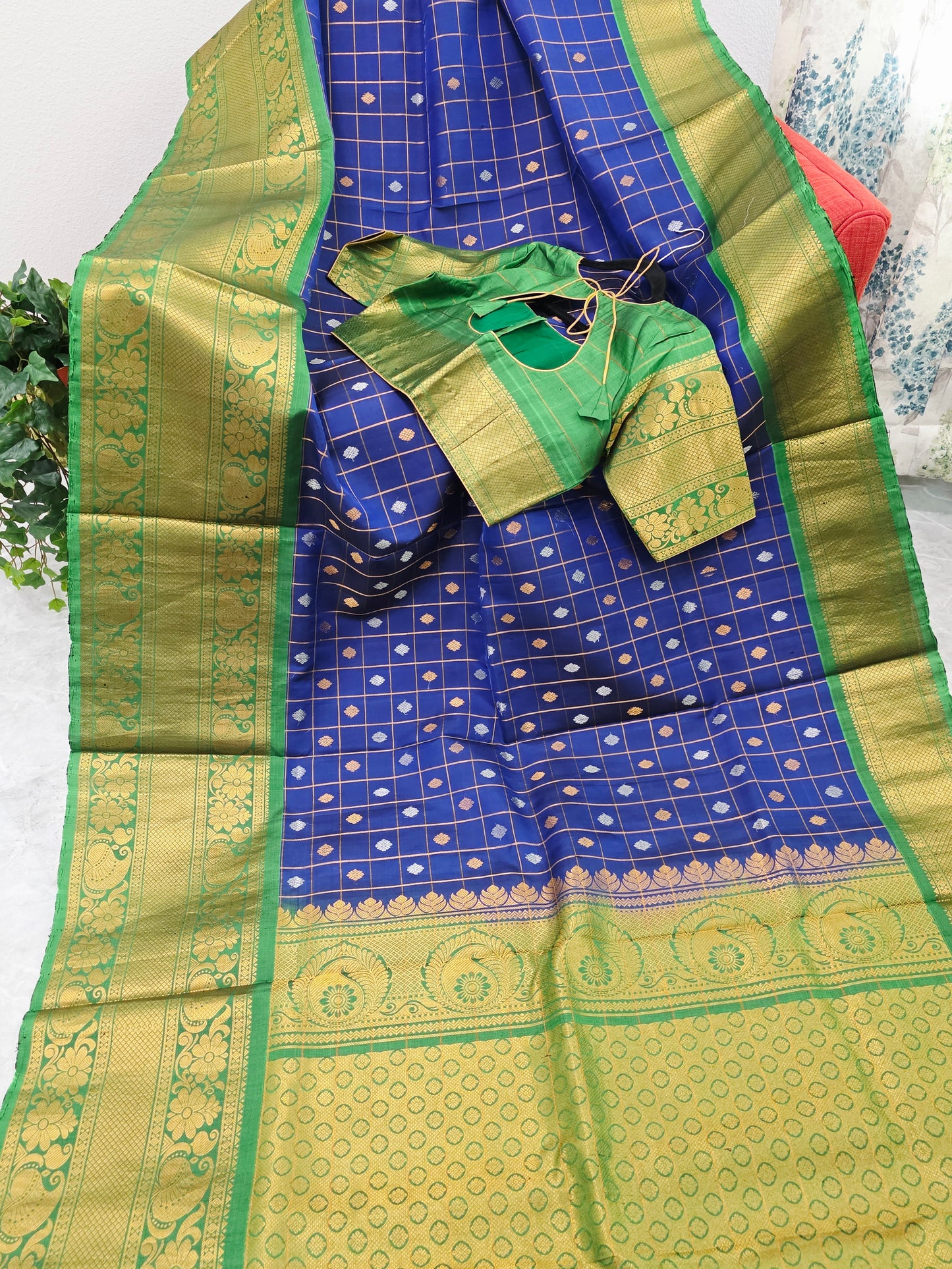 Royal Navy Blue & Temple Green Pure Gadwal Silk Saree with Vintage Zari Checks & Contrast Border Blouse Set