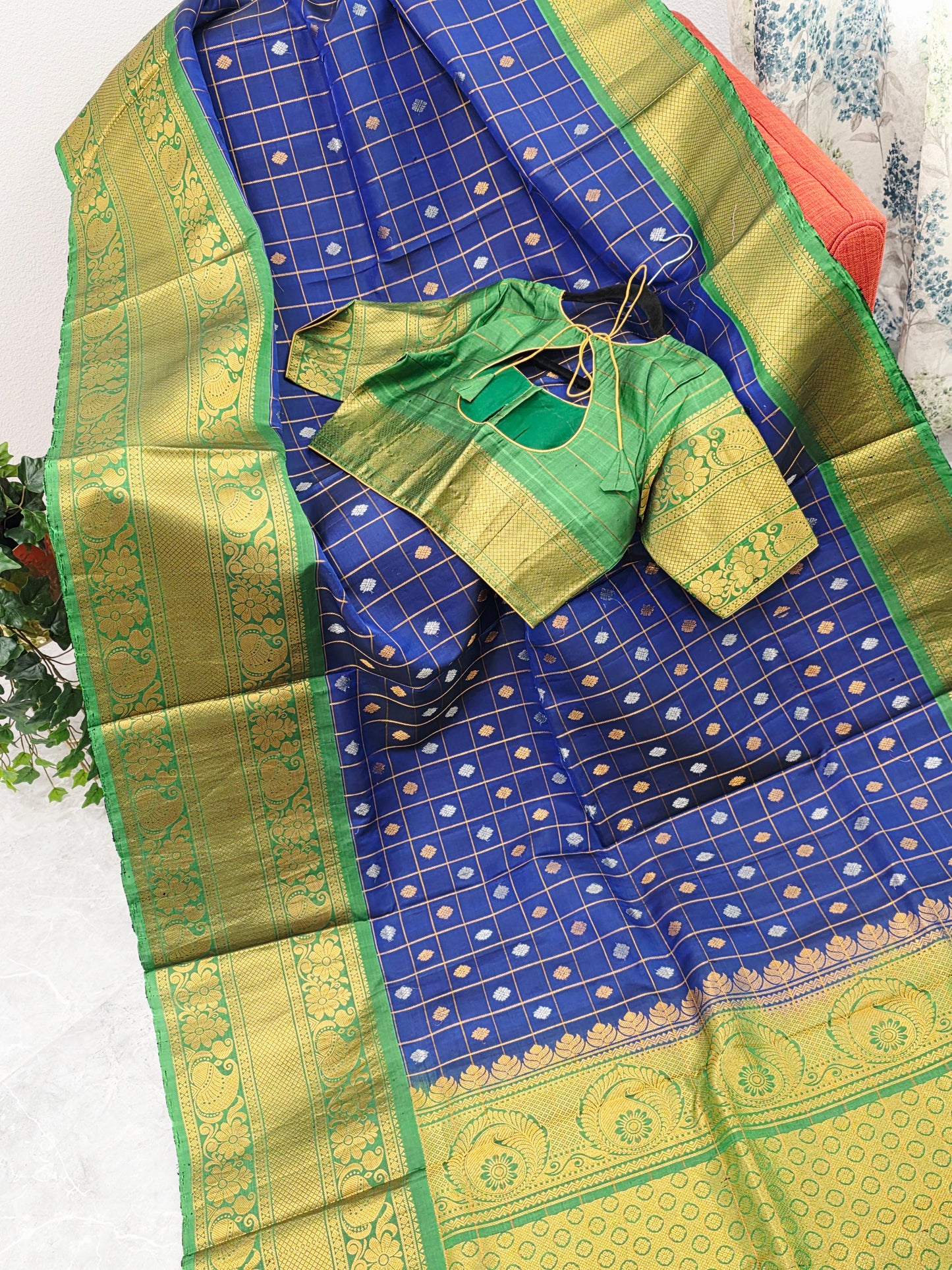 Royal Navy Blue & Temple Green Pure Gadwal Silk Saree with Vintage Zari Checks & Contrast Border Blouse Set