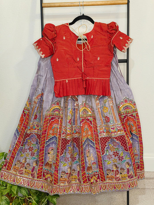 Coral Vermilion & Soft Lavender Heritage Print Munga Crepe Tissue Kids Lehenga Set with Designer Top