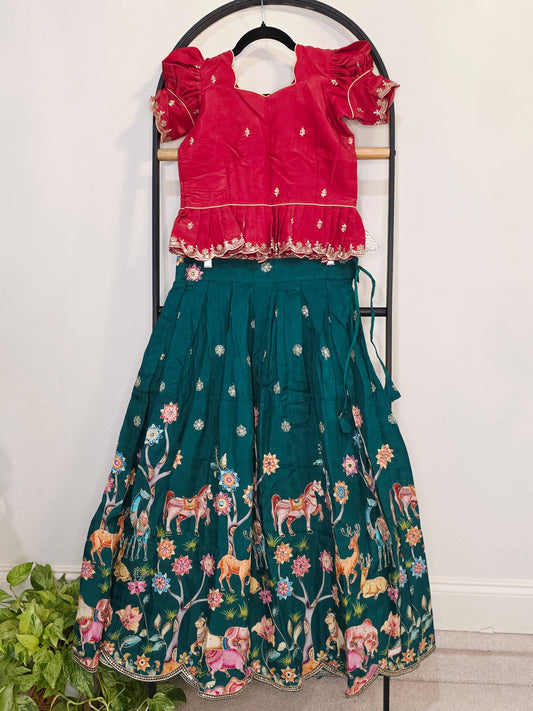 Deep Scarlet Red & Emerald Forest Designer Munga Crepe Animal Motif Embroidered Kids Lehenga Set