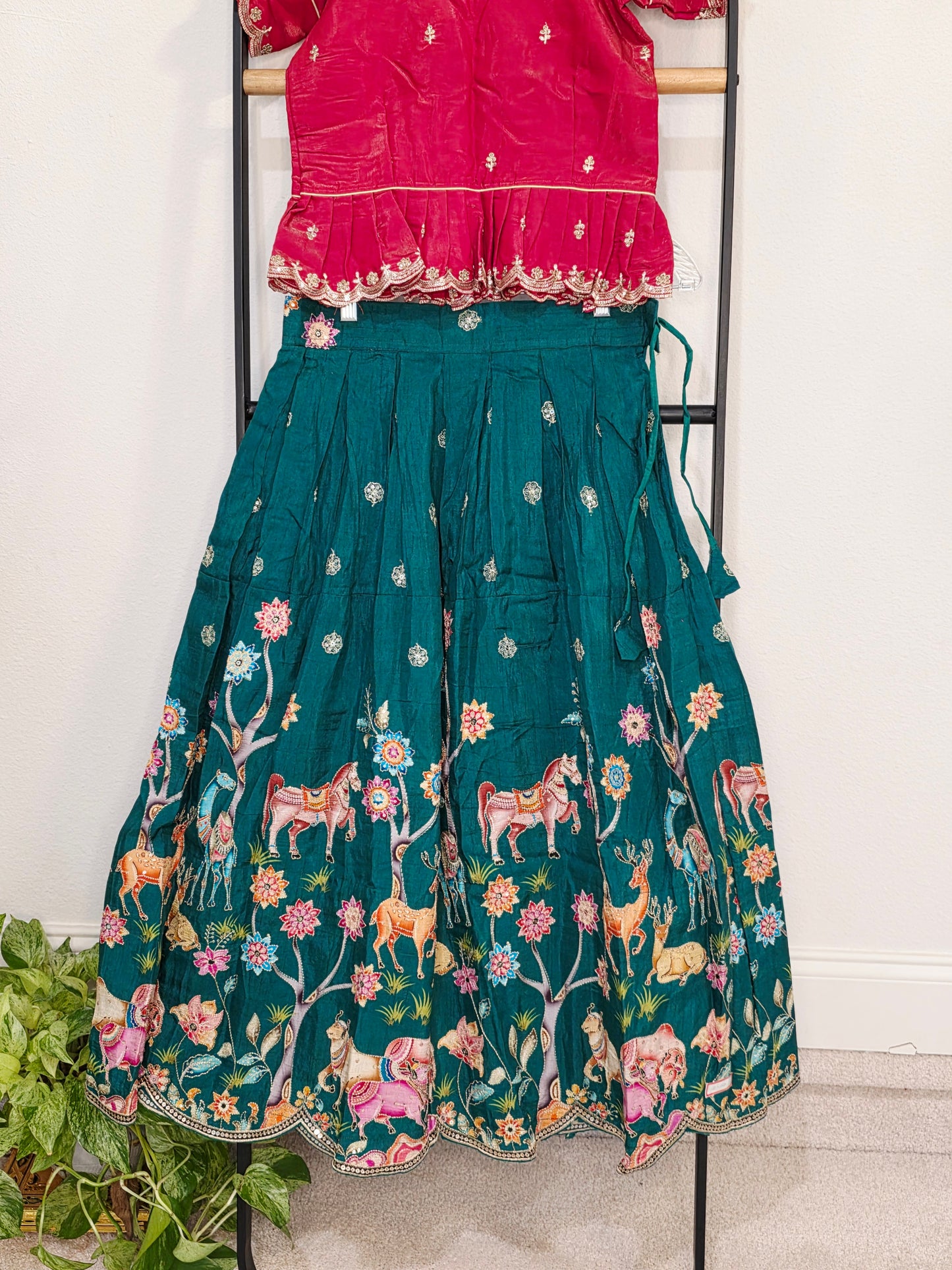 Deep Scarlet Red & Emerald Forest Designer Munga Crepe Animal Motif Embroidered Kids Lehenga Set