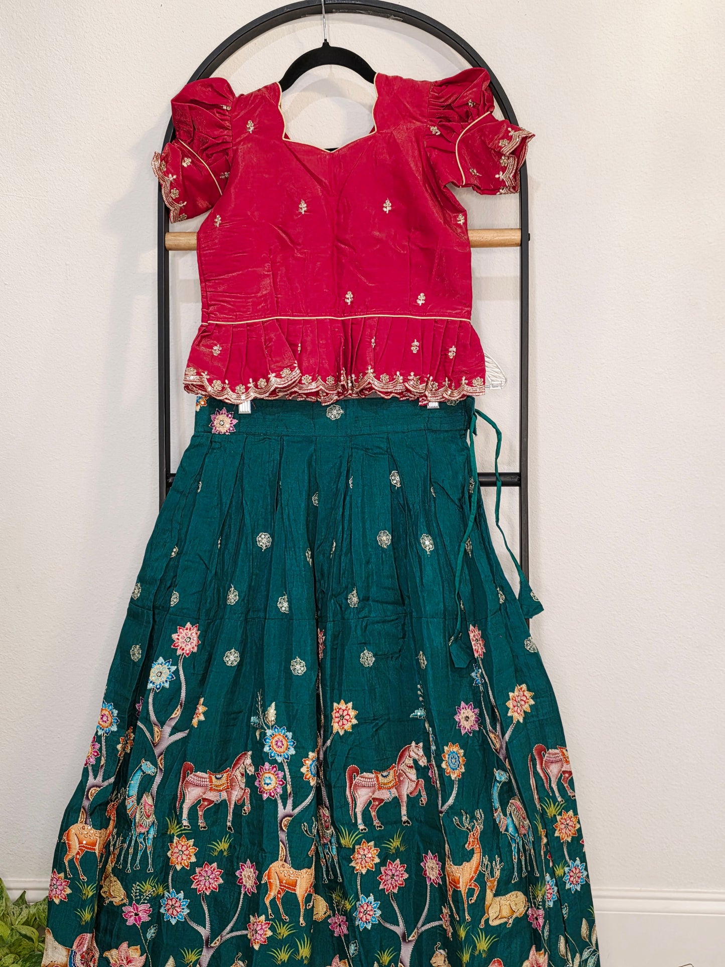 Deep Scarlet Red & Emerald Forest Designer Munga Crepe Animal Motif Embroidered Kids Lehenga Set