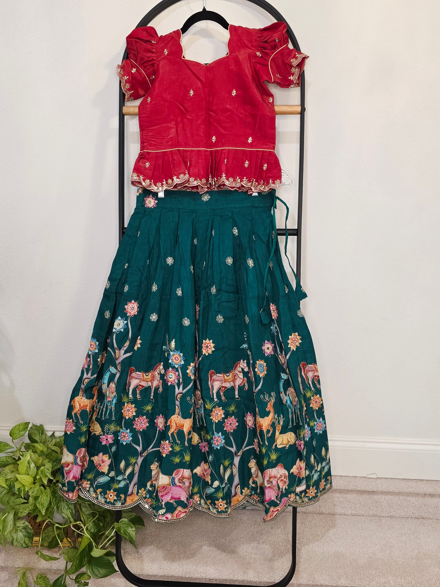 Deep Scarlet Red & Emerald Forest Designer Munga Crepe Animal Motif Embroidered Kids Lehenga Set
