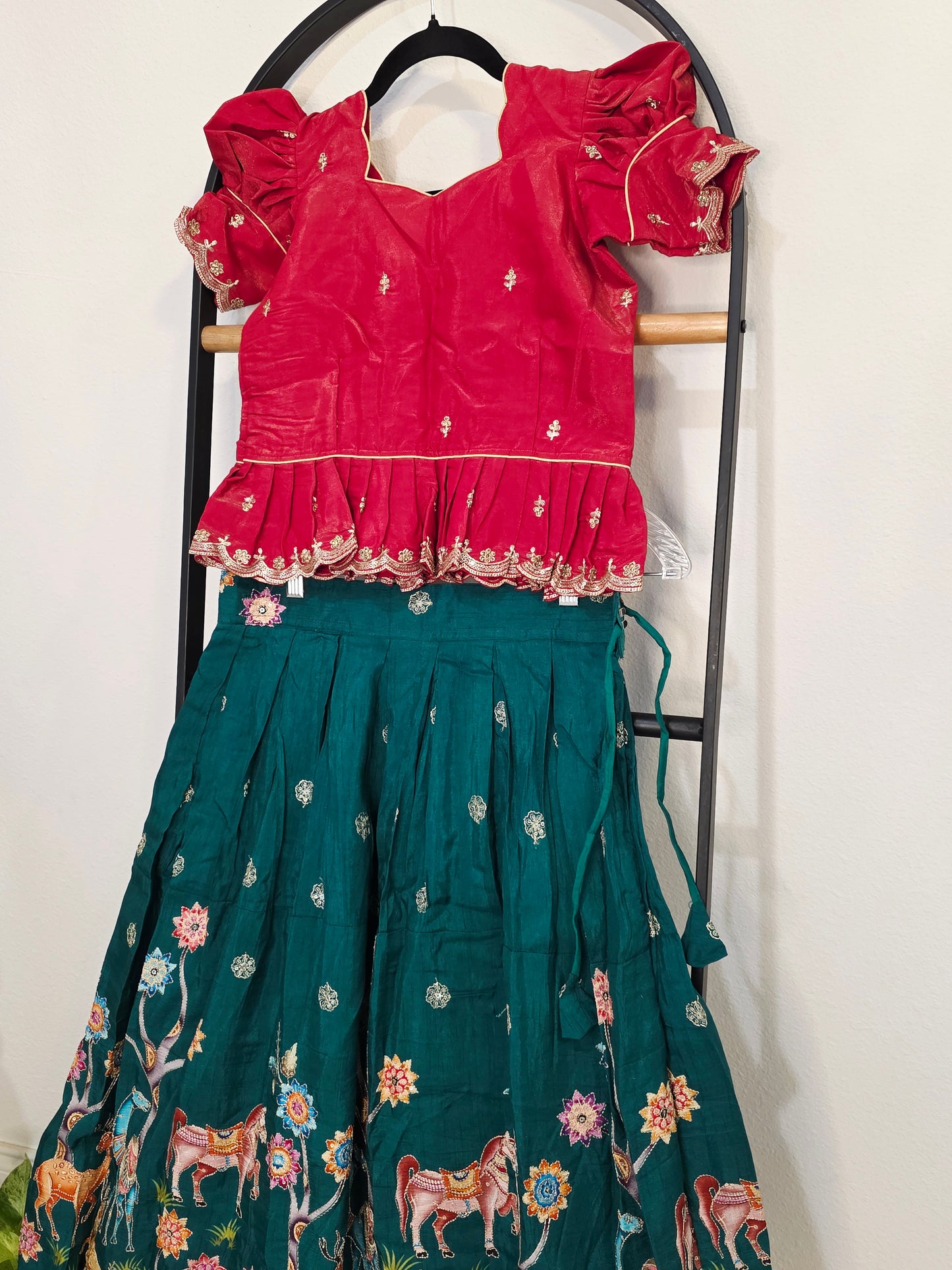 Deep Scarlet Red & Emerald Forest Designer Munga Crepe Animal Motif Embroidered Kids Lehenga Set