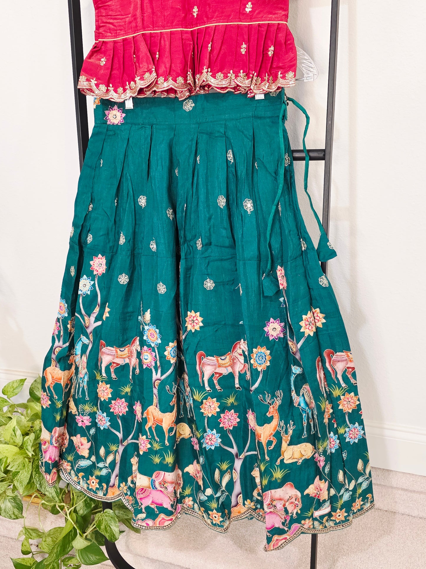 Deep Scarlet Red & Emerald Forest Designer Munga Crepe Animal Motif Embroidered Kids Lehenga Set