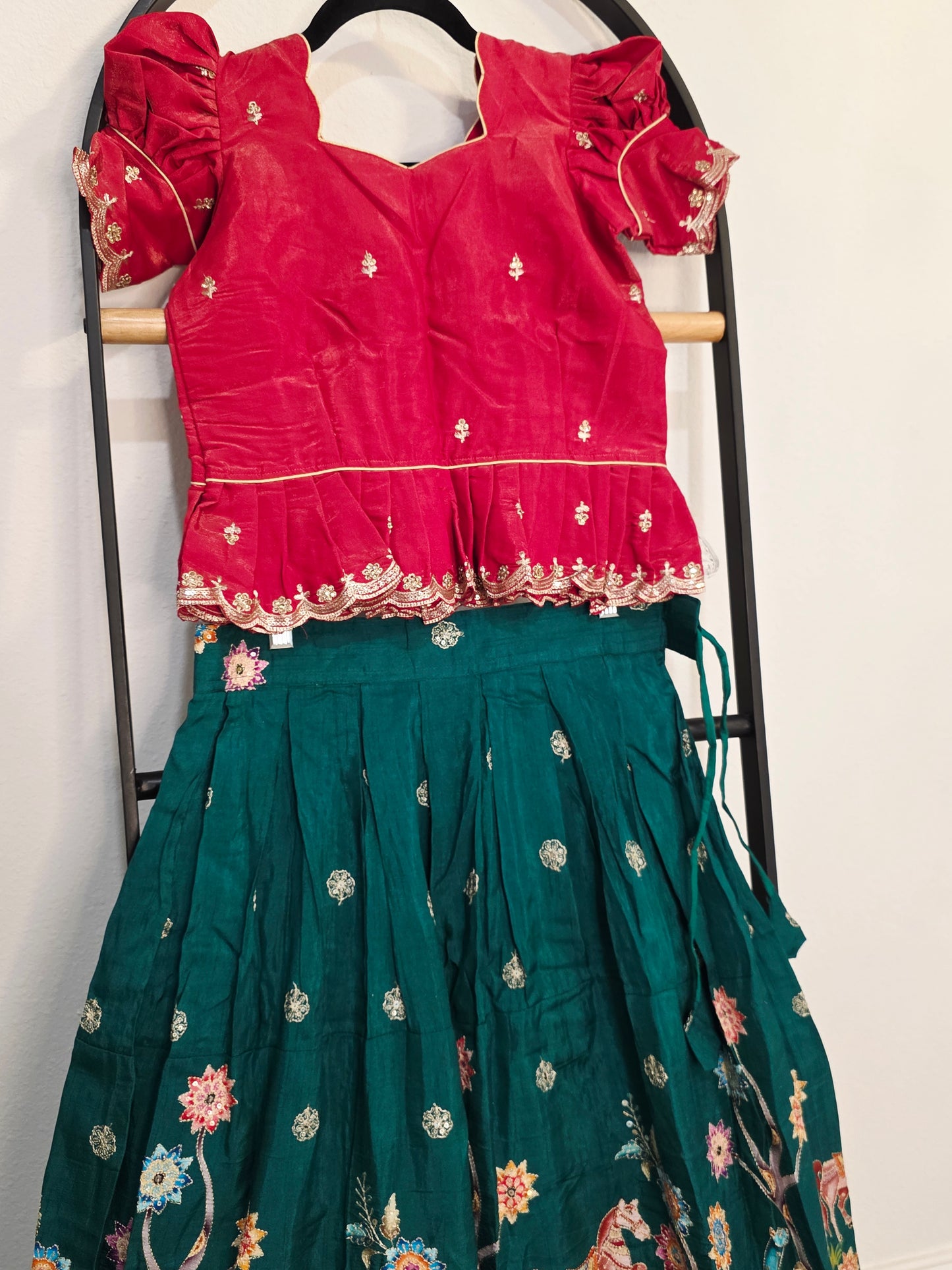 Deep Scarlet Red & Emerald Forest Designer Munga Crepe Animal Motif Embroidered Kids Lehenga Set