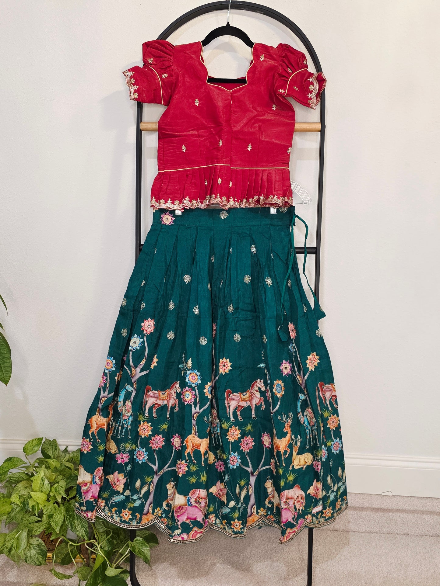 Deep Scarlet Red & Emerald Forest Designer Munga Crepe Animal Motif Embroidered Kids Lehenga Set