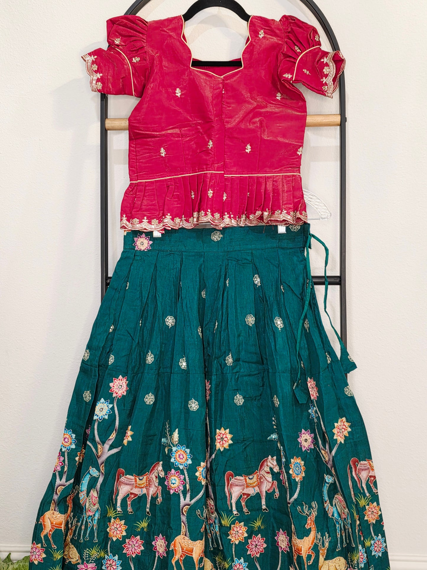 Deep Scarlet Red & Emerald Forest Designer Munga Crepe Animal Motif Embroidered Kids Lehenga Set