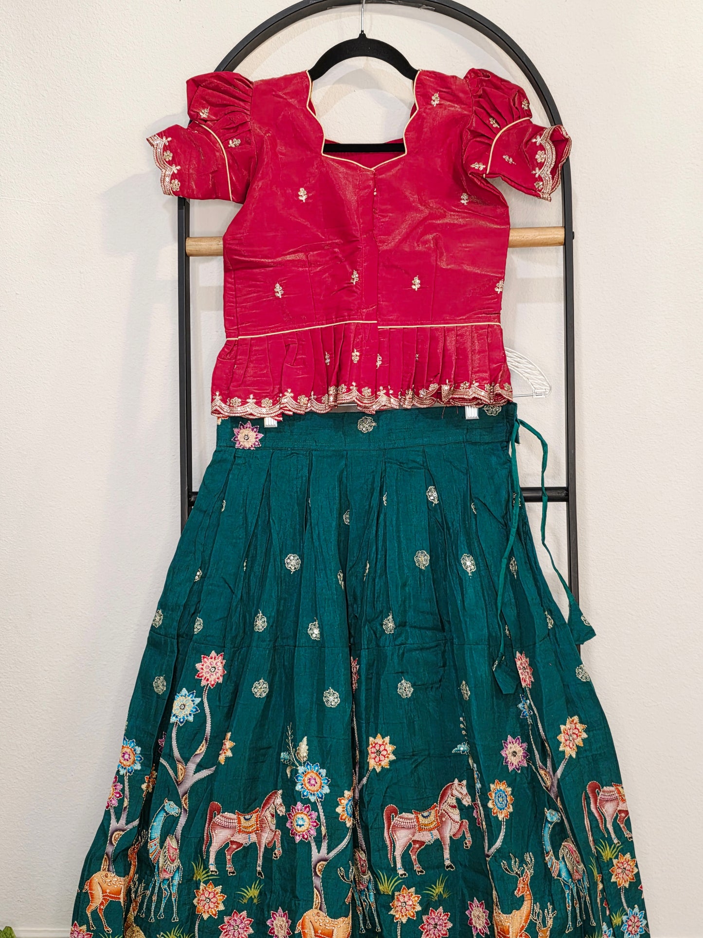 Deep Scarlet Red & Emerald Forest Designer Munga Crepe Animal Motif Embroidered Kids Lehenga Set