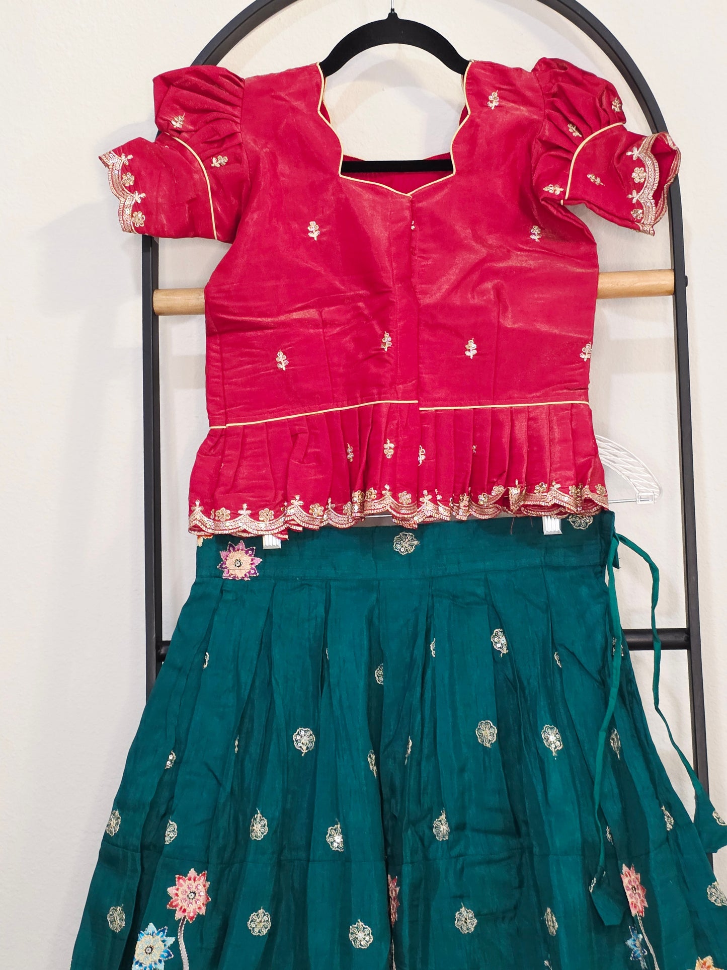 Deep Scarlet Red & Emerald Forest Designer Munga Crepe Animal Motif Embroidered Kids Lehenga Set