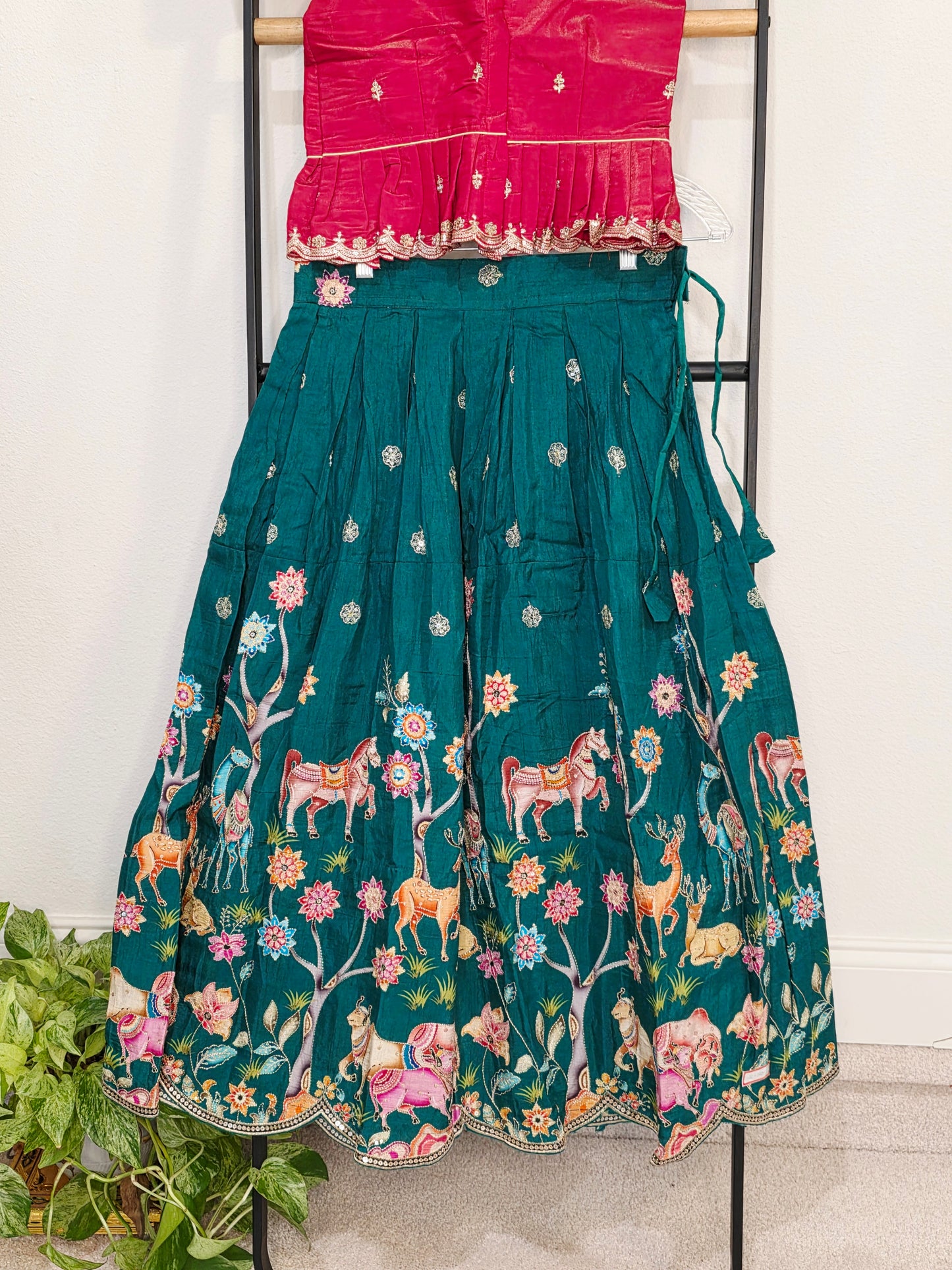 Deep Scarlet Red & Emerald Forest Designer Munga Crepe Animal Motif Embroidered Kids Lehenga Set