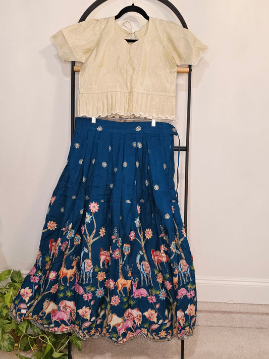 Ivory Pearl & Midnight Teal Designer Munga Crepe Silk Tissue Lehenga Set with Embroidered Animal Motif Border