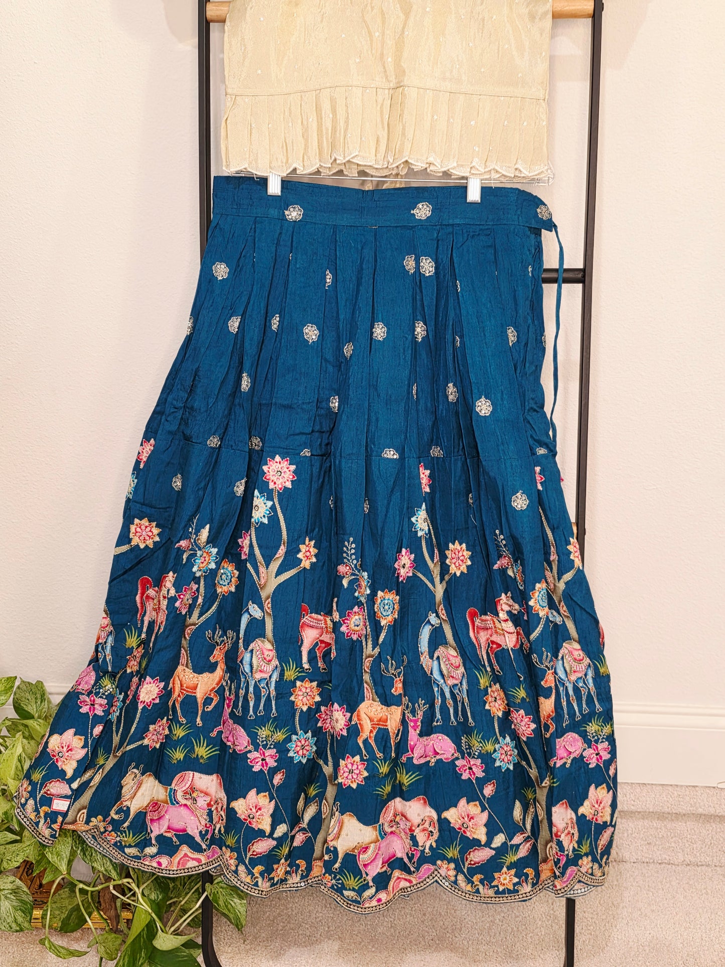 Ivory Pearl & Midnight Teal Designer Munga Crepe Silk Tissue Lehenga Set with Embroidered Animal Motif Border