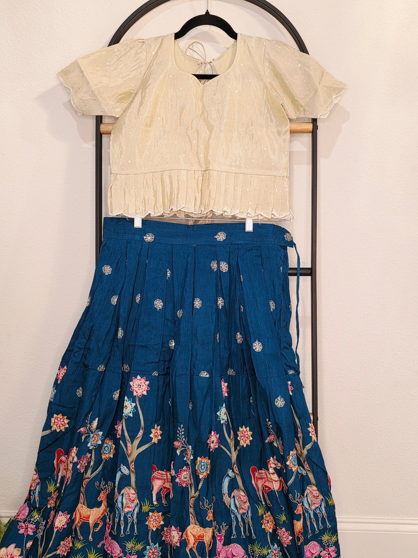 Ivory Pearl & Midnight Teal Designer Munga Crepe Silk Tissue Lehenga Set with Embroidered Animal Motif Border