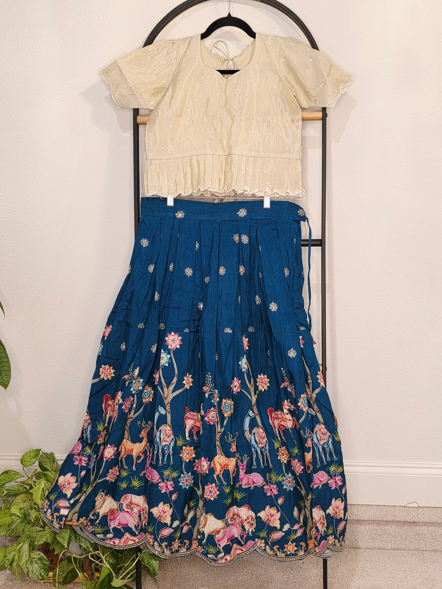 Ivory Pearl & Midnight Teal Designer Munga Crepe Silk Tissue Lehenga Set with Embroidered Animal Motif Border