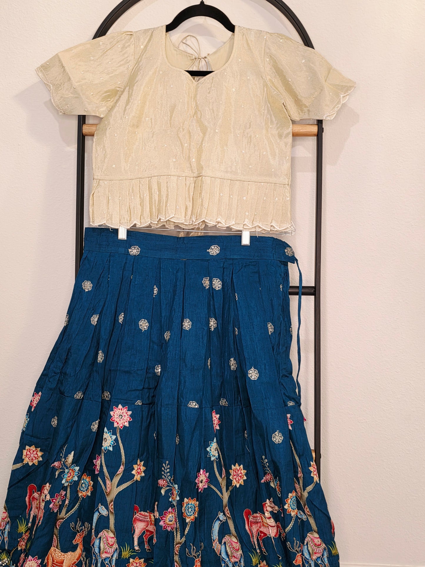 Ivory Pearl & Midnight Teal Designer Munga Crepe Silk Tissue Lehenga Set with Embroidered Animal Motif Border