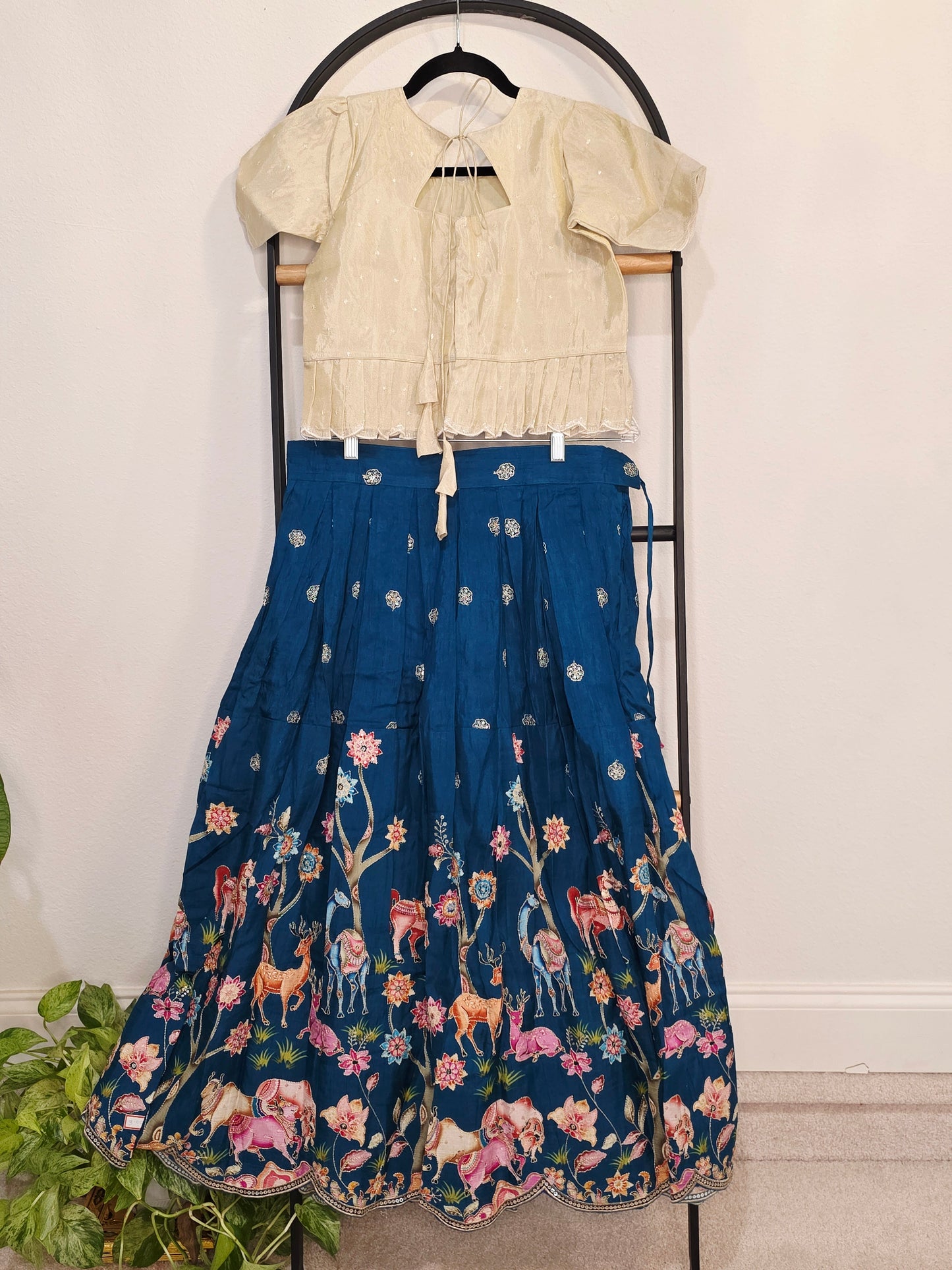 Ivory Pearl & Midnight Teal Designer Munga Crepe Silk Tissue Lehenga Set with Embroidered Animal Motif Border