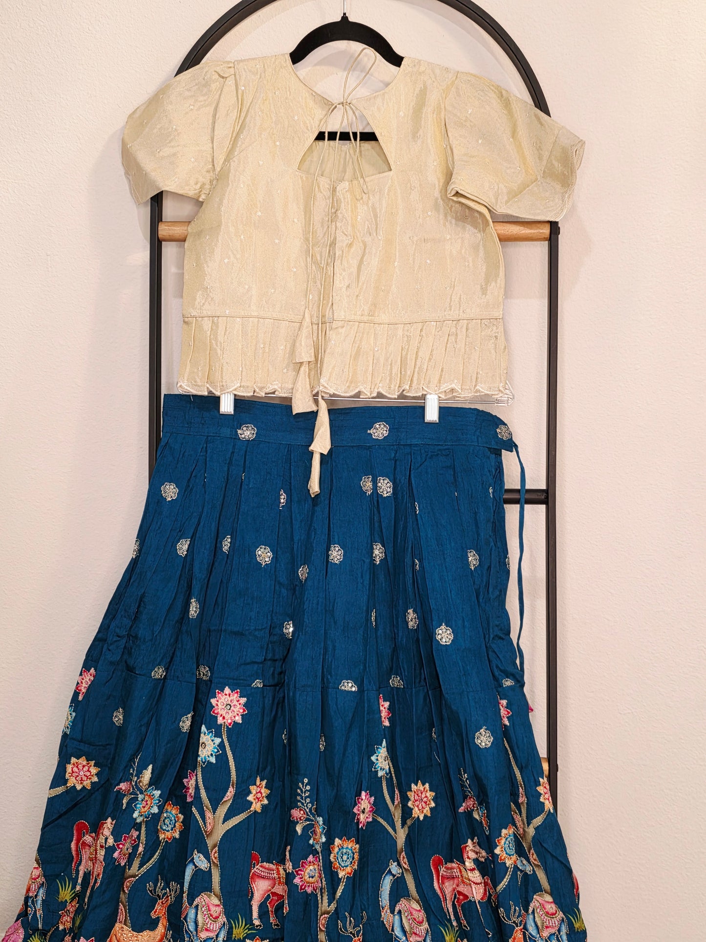 Ivory Pearl & Midnight Teal Designer Munga Crepe Silk Tissue Lehenga Set with Embroidered Animal Motif Border