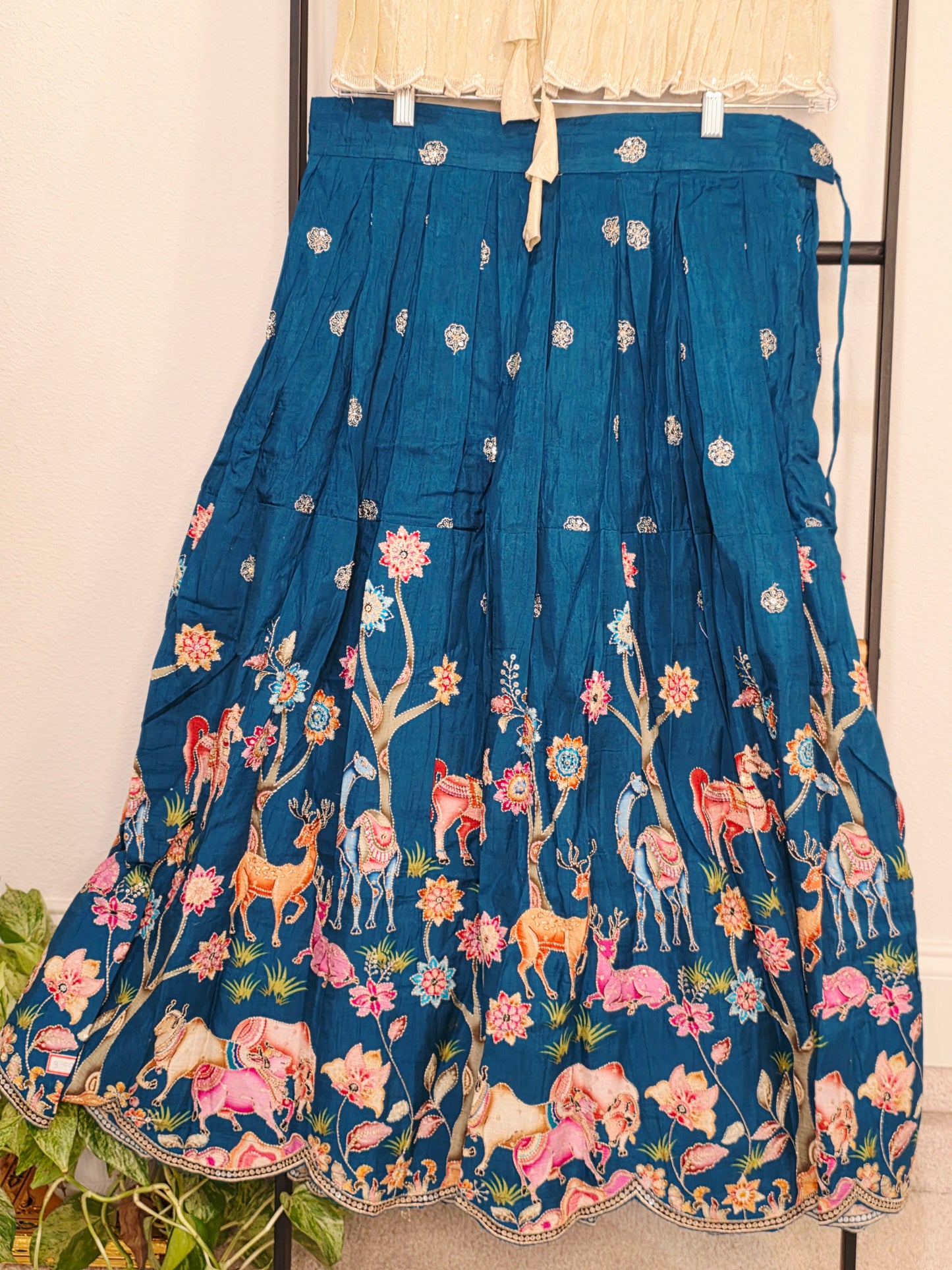 Ivory Pearl & Midnight Teal Designer Munga Crepe Silk Tissue Lehenga Set with Embroidered Animal Motif Border