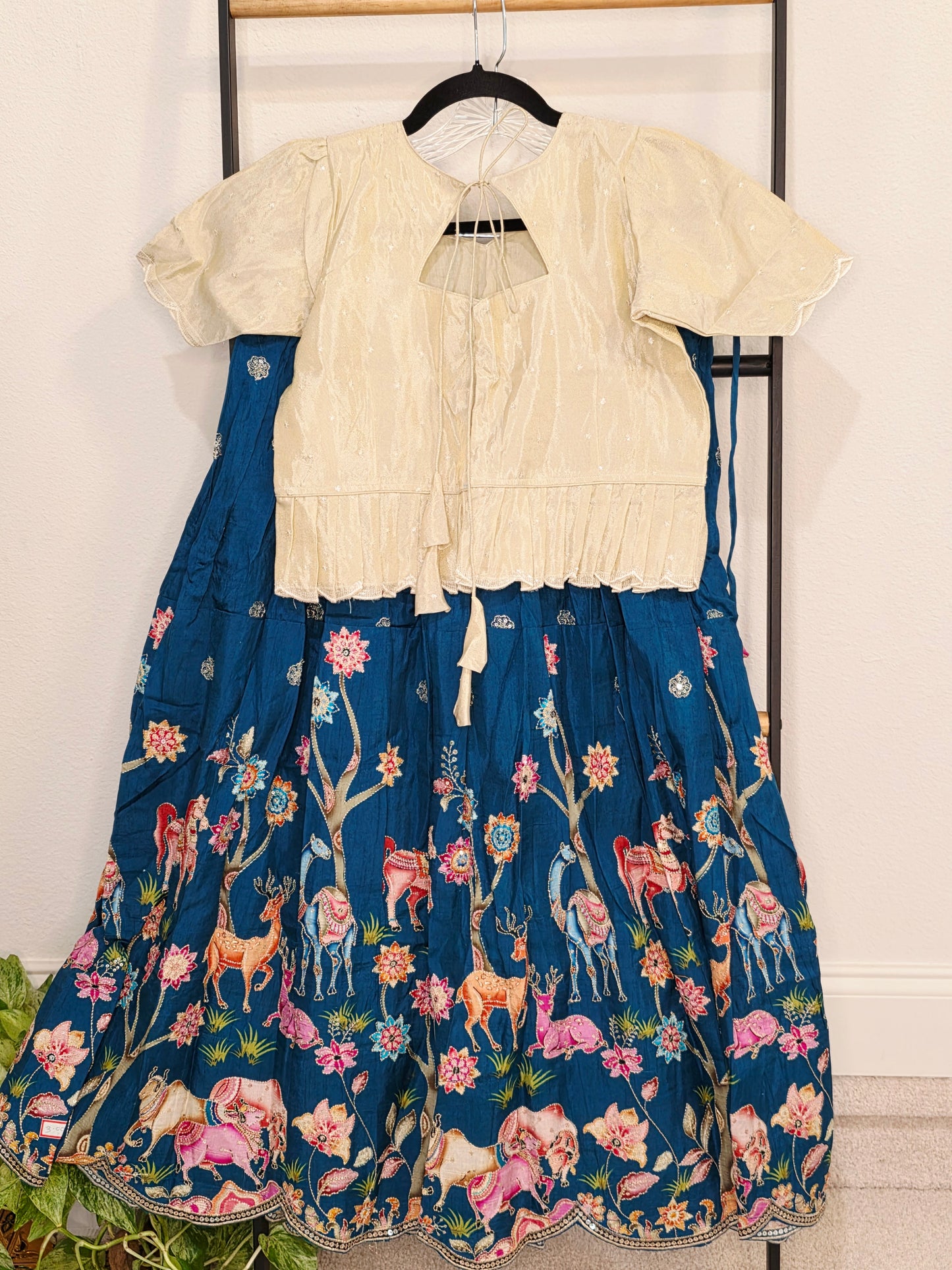 Ivory Pearl & Midnight Teal Designer Munga Crepe Silk Tissue Lehenga Set with Embroidered Animal Motif Border