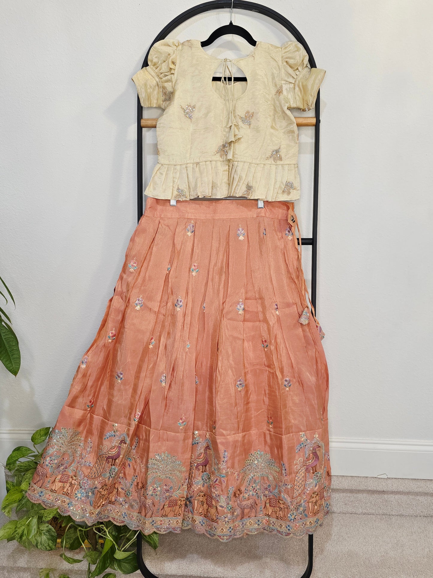 Champagne Gold & Peach Blossom Designer Munga Crepe Silk Tissue Kids Lehenga Set with Embroidered Animal Border