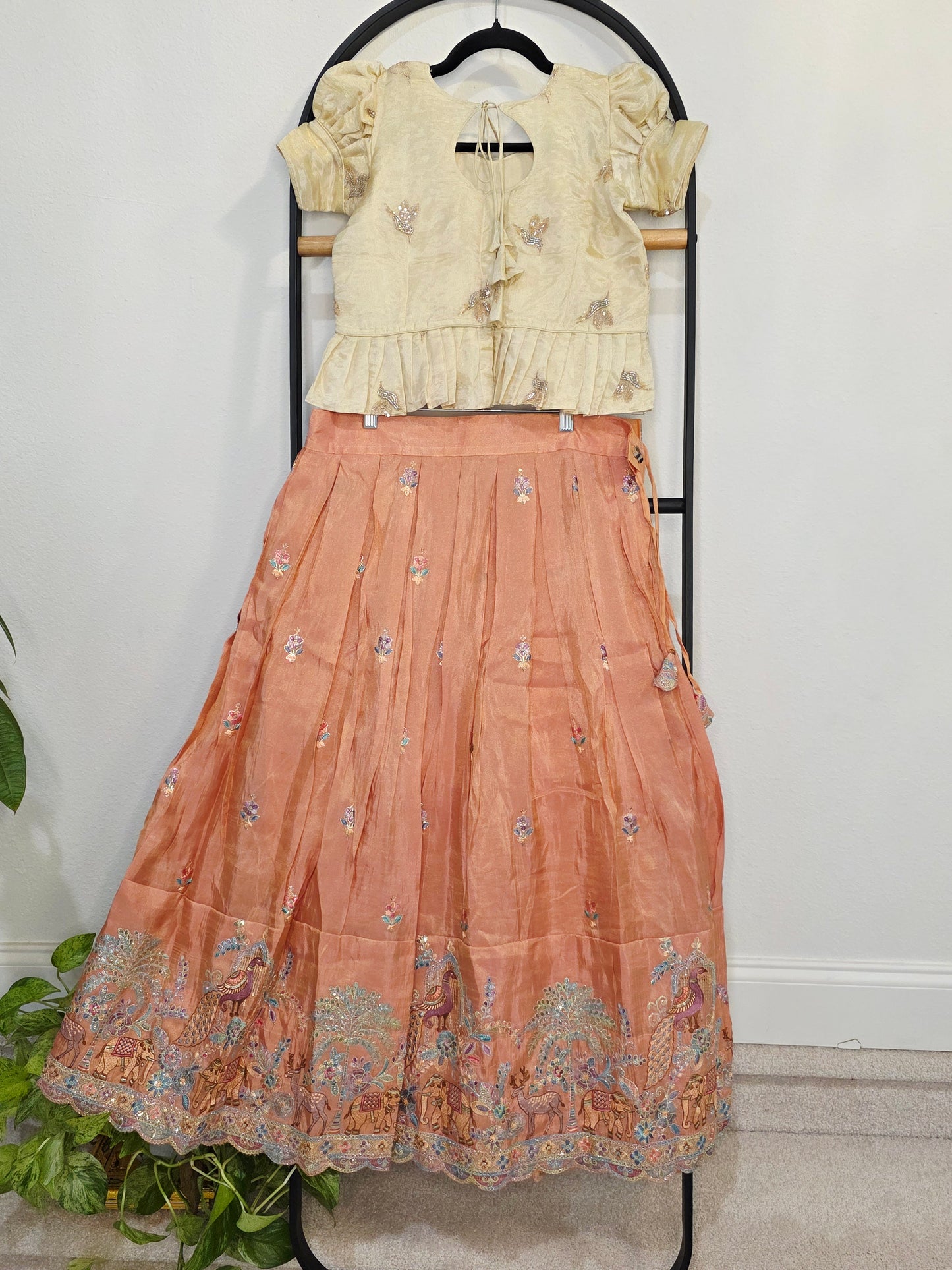 Champagne Gold & Peach Blossom Designer Munga Crepe Silk Tissue Kids Lehenga Set with Embroidered Animal Border