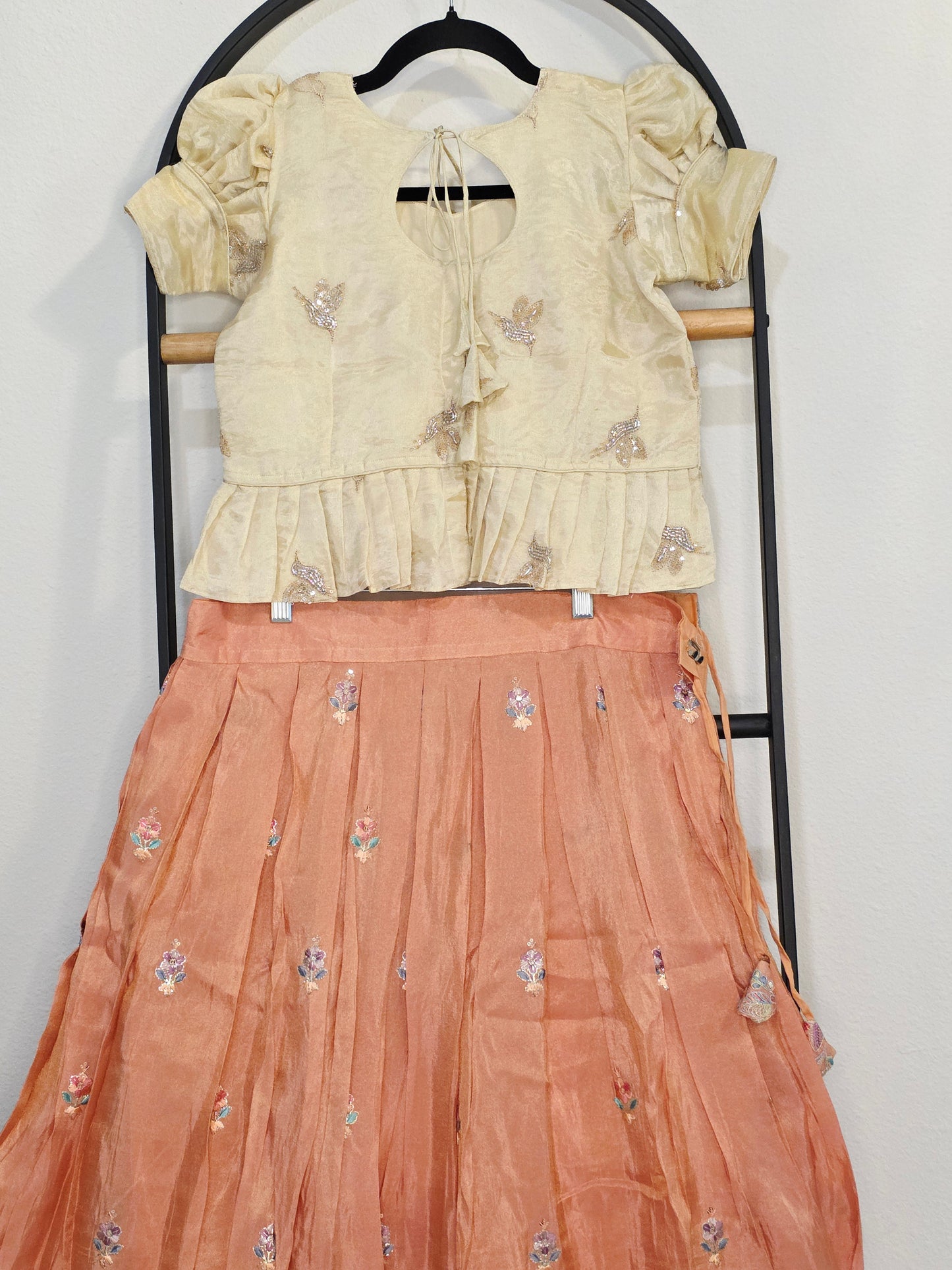 Champagne Gold & Peach Blossom Designer Munga Crepe Silk Tissue Kids Lehenga Set with Embroidered Animal Border