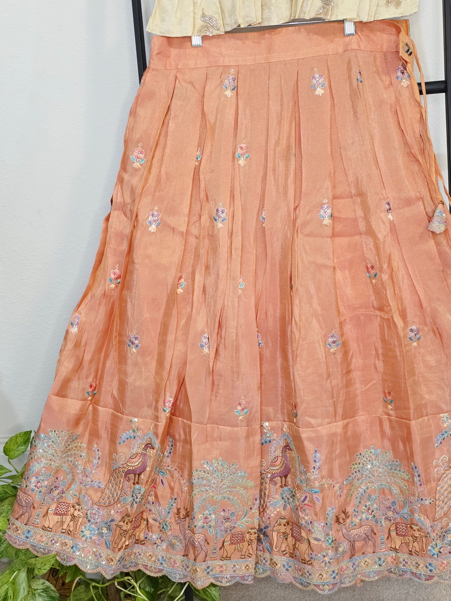 Champagne Gold & Peach Blossom Designer Munga Crepe Silk Tissue Kids Lehenga Set with Embroidered Animal Border