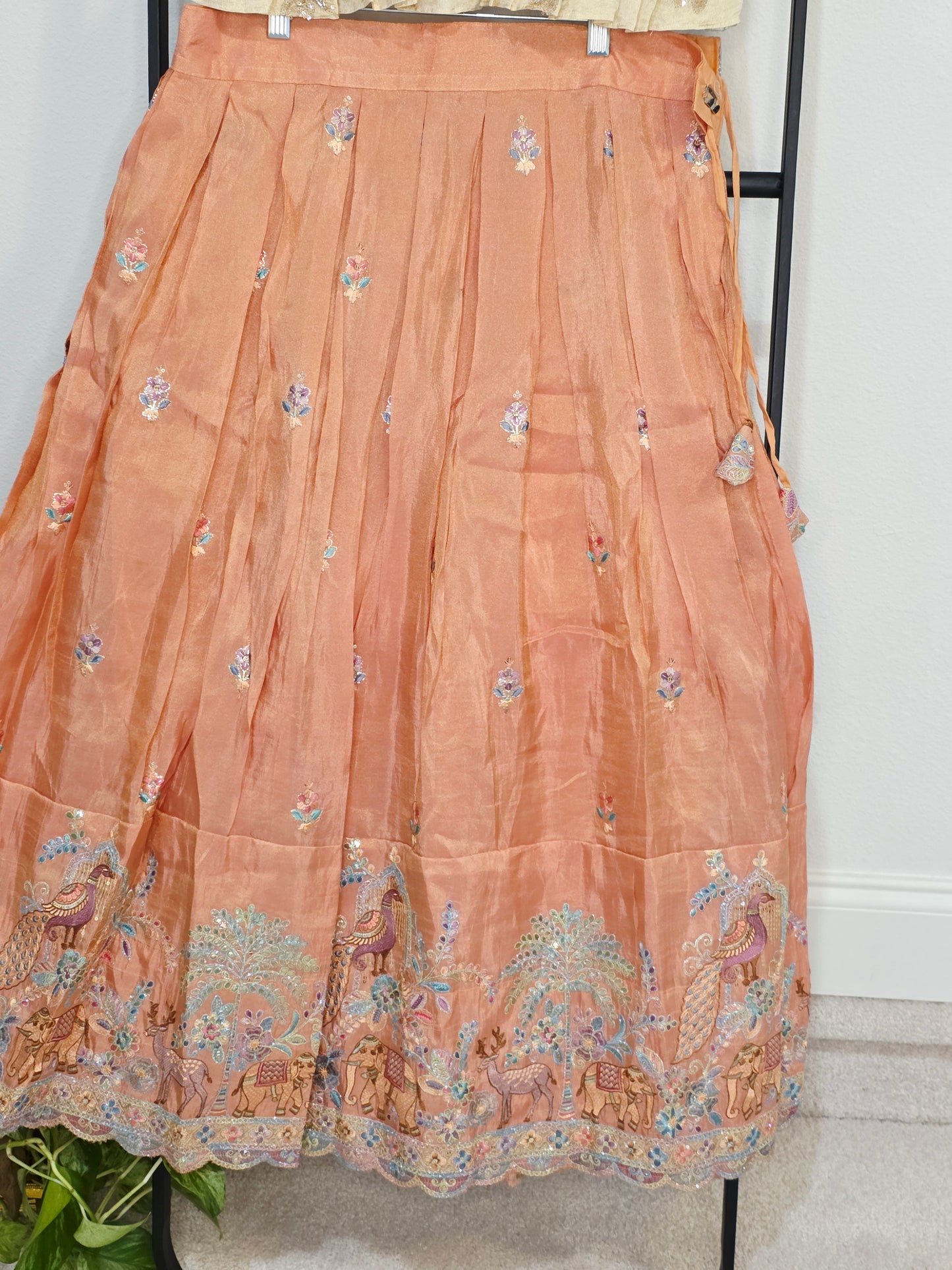 Champagne Gold & Peach Blossom Designer Munga Crepe Silk Tissue Kids Lehenga Set with Embroidered Animal Border