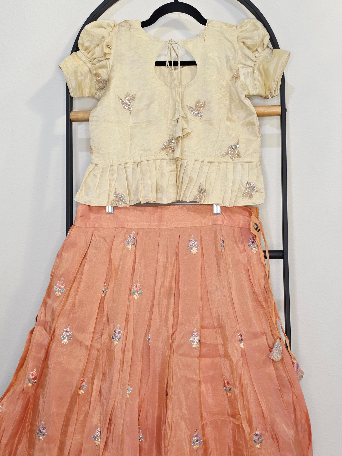 Champagne Gold & Peach Blossom Designer Munga Crepe Silk Tissue Kids Lehenga Set with Embroidered Animal Border