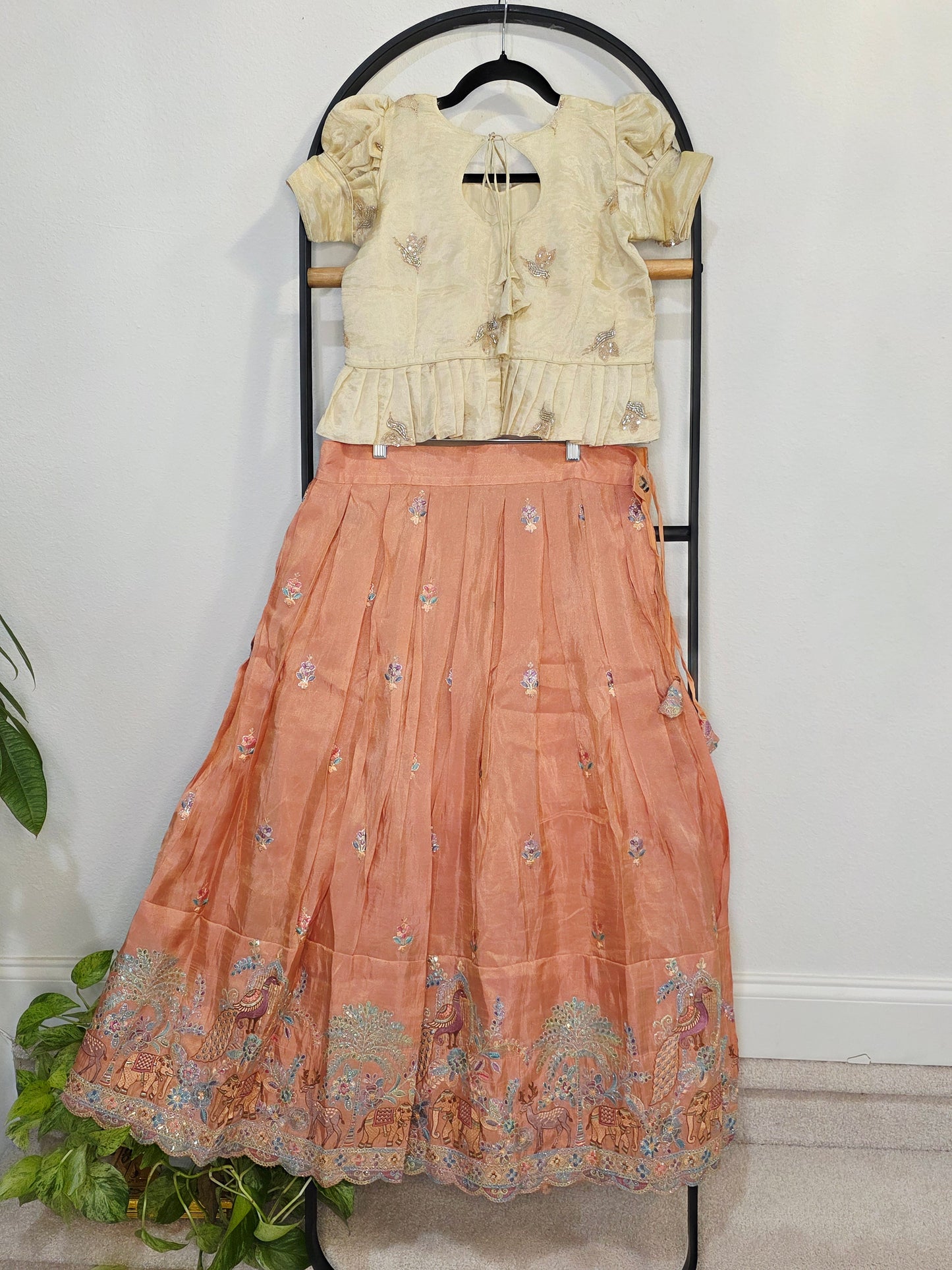 Champagne Gold & Peach Blossom Designer Munga Crepe Silk Tissue Kids Lehenga Set with Embroidered Animal Border