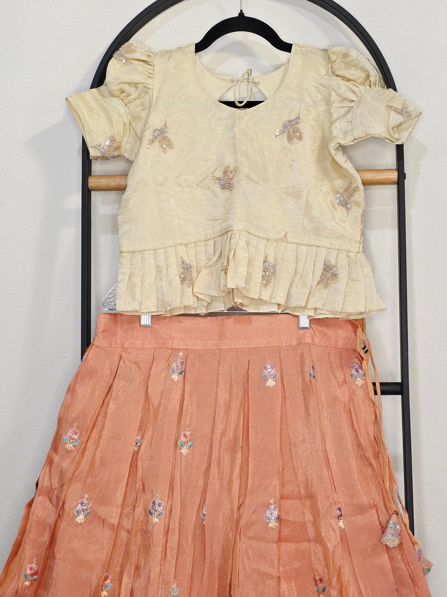 Champagne Gold & Peach Blossom Designer Munga Crepe Silk Tissue Kids Lehenga Set with Embroidered Animal Border