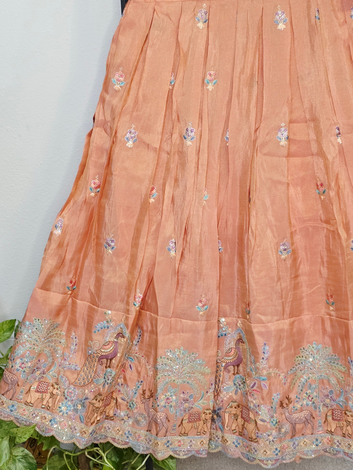 Champagne Gold & Peach Blossom Designer Munga Crepe Silk Tissue Kids Lehenga Set with Embroidered Animal Border