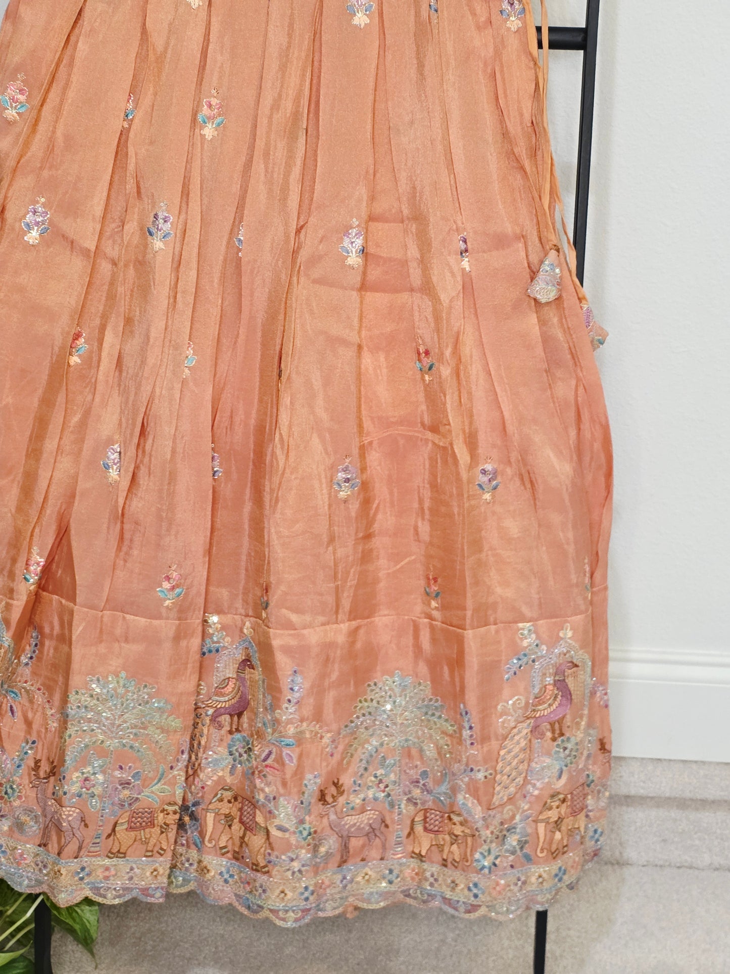 Champagne Gold & Peach Blossom Designer Munga Crepe Silk Tissue Kids Lehenga Set with Embroidered Animal Border