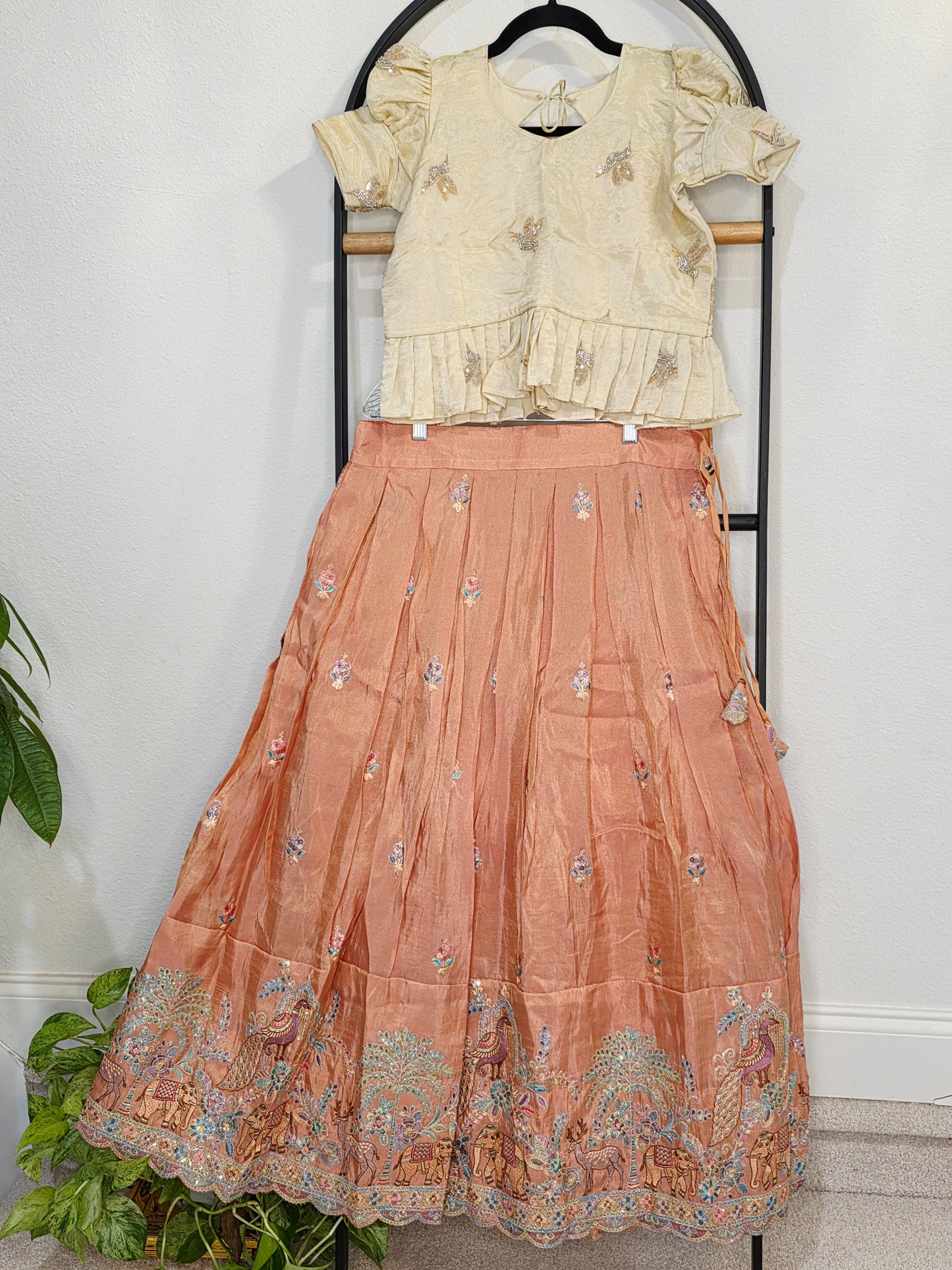 Champagne Gold & Peach Blossom Designer Munga Crepe Silk Tissue Kids Lehenga Set with Embroidered Animal Border