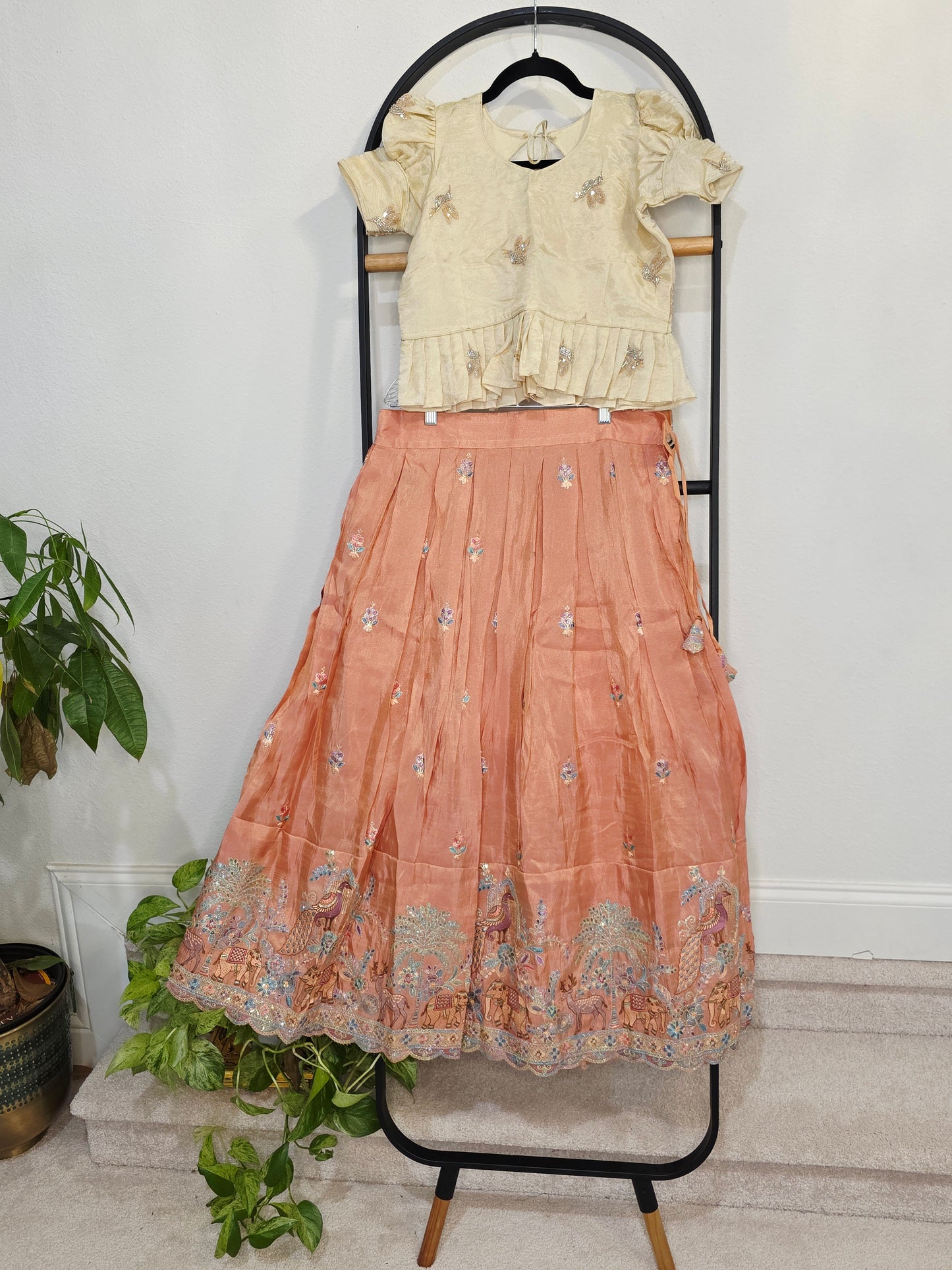 Champagne Gold & Peach Blossom Designer Munga Crepe Silk Tissue Kids Lehenga Set with Embroidered Animal Border