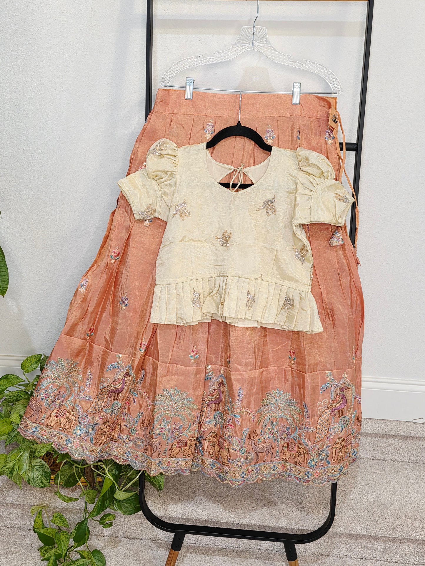 Champagne Gold & Peach Blossom Designer Munga Crepe Silk Tissue Kids Lehenga Set with Embroidered Animal Border